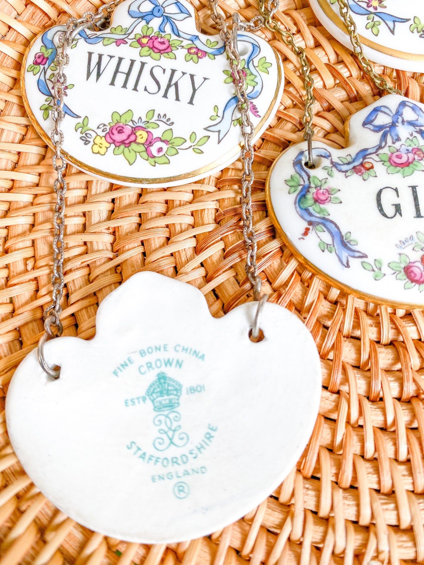 Vintage Crown Staffordshire Porcelain Liquor Decanter Tags