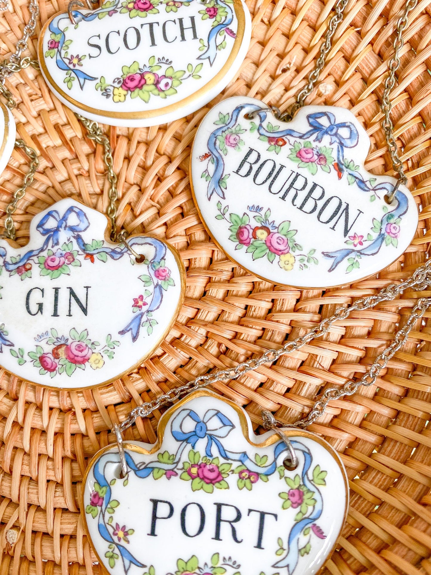 Vintage Crown Staffordshire Porcelain Liquor Decanter Tags