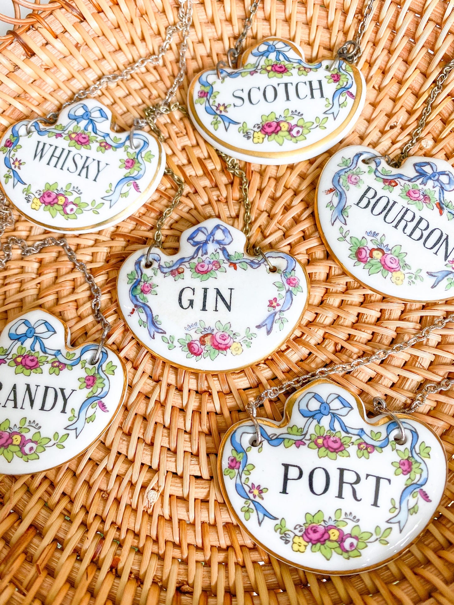 Vintage Crown Staffordshire Porcelain Liquor Decanter Tags