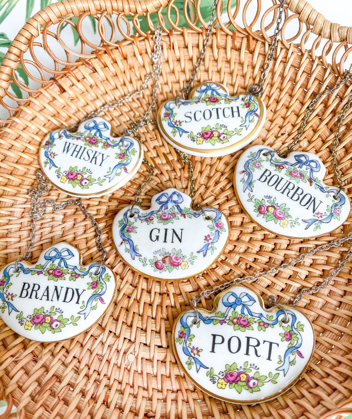 Vintage Crown Staffordshire Porcelain Liquor Decanter Tags