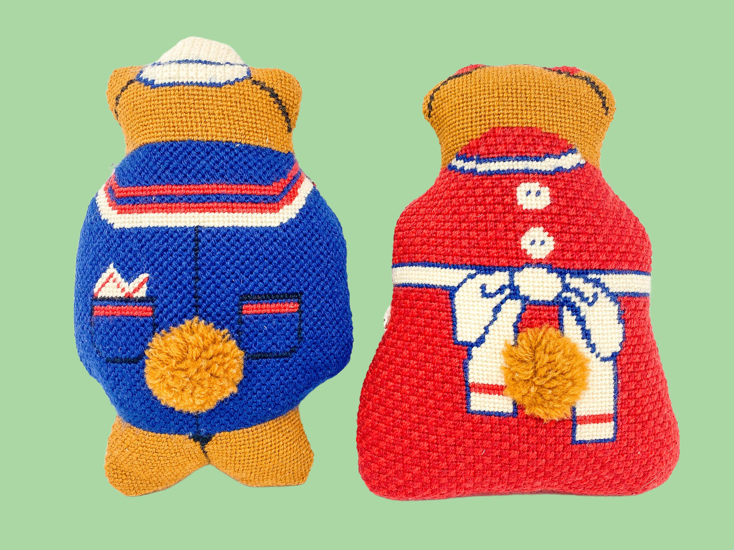 Pair of Handmade Needlepoint Bear Pillows