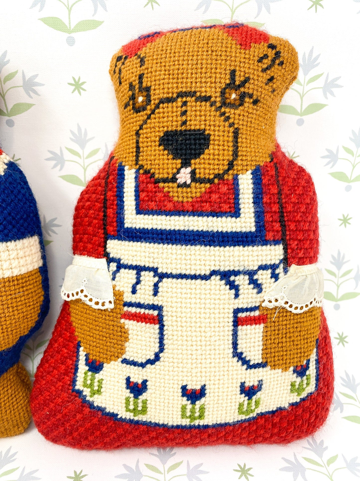 Pair of Handmade Needlepoint Bear Pillows