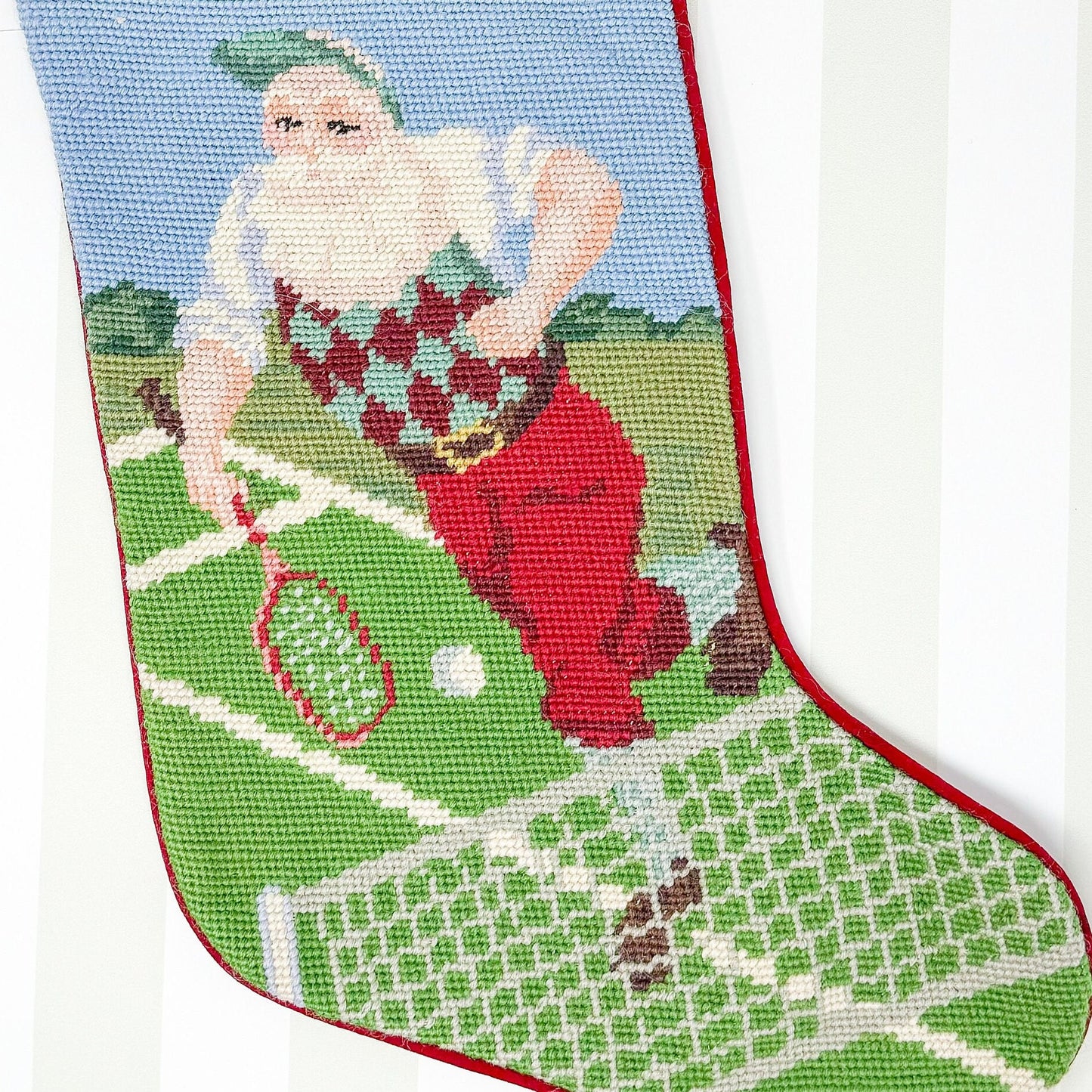 Vintage Needlepoint Christmas Stocking, Santa Tennis