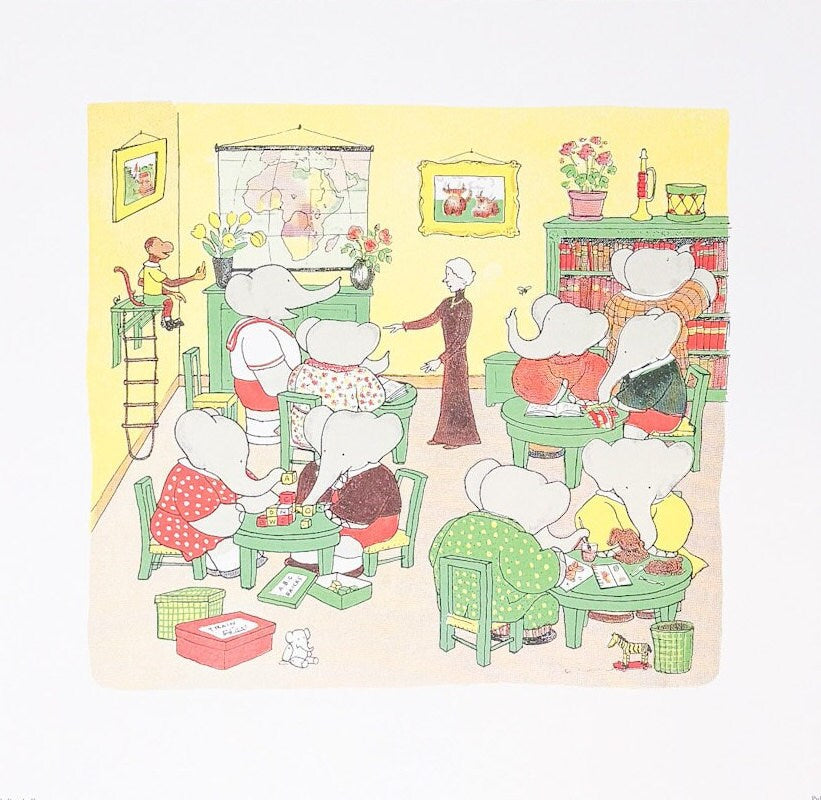 Framed Vintage Babar the Elephant Print, 11x14", School Room