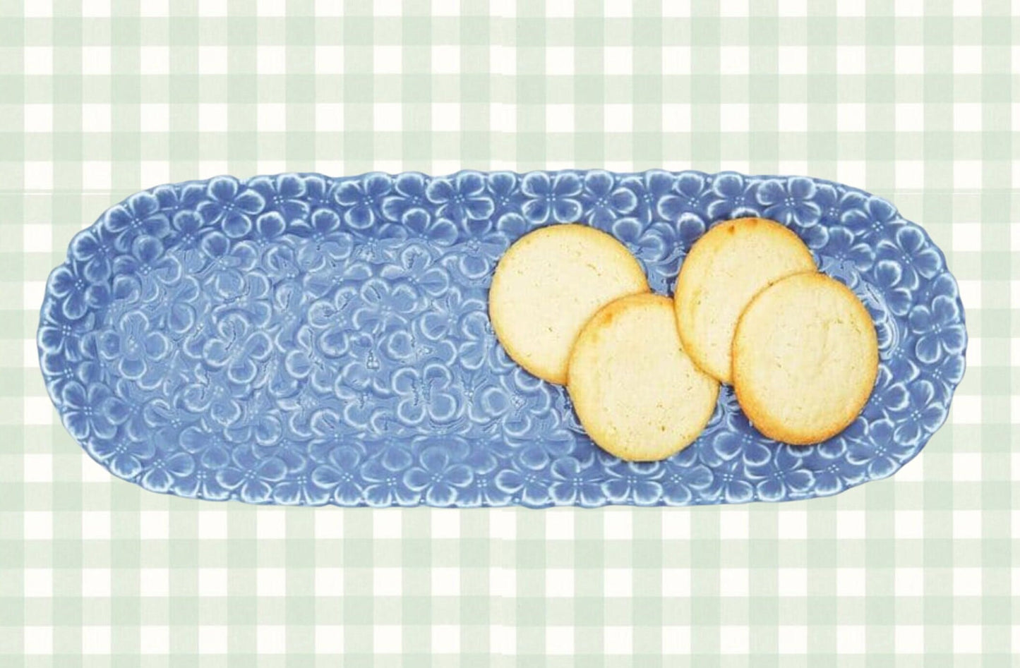 Overhead view of the platter emphasizing its glossy finish and detailed floral embossing, suitable for elegant table settings