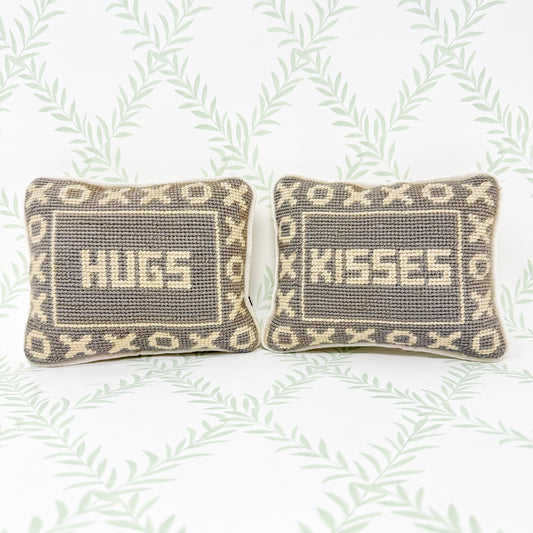 Vintage "Hugs" and "Kisses" Needlepoint Pillow Set