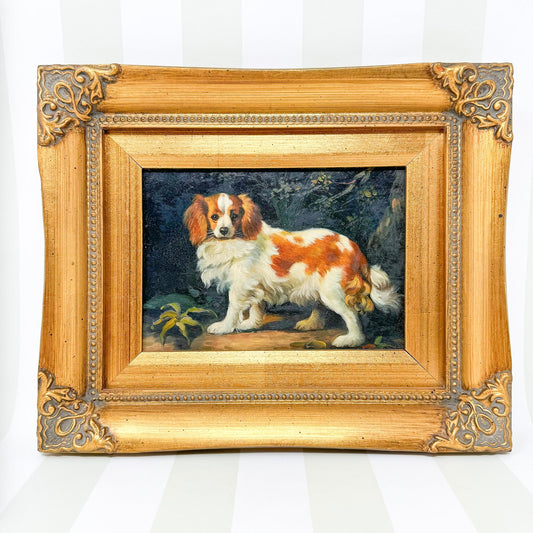 Vintage Framed King Cavalier Spaniel Dog Painting