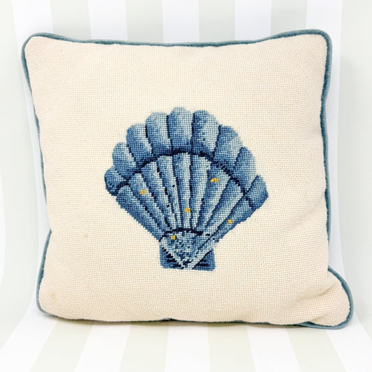 Blue Seashell Handmade Needlepoint Pillow