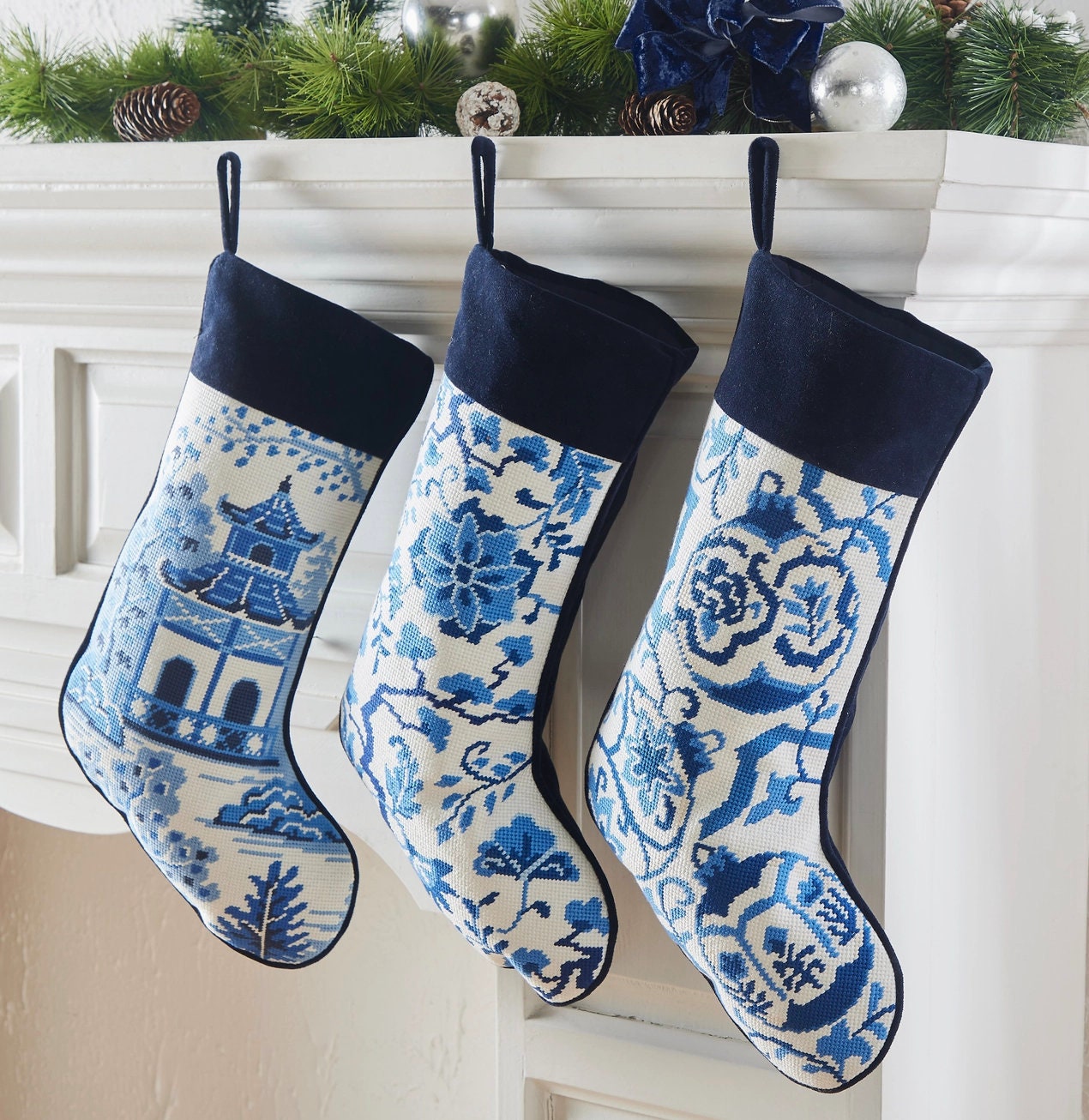 Blue Pagoda Chinoiserie Needlepoint Stocking