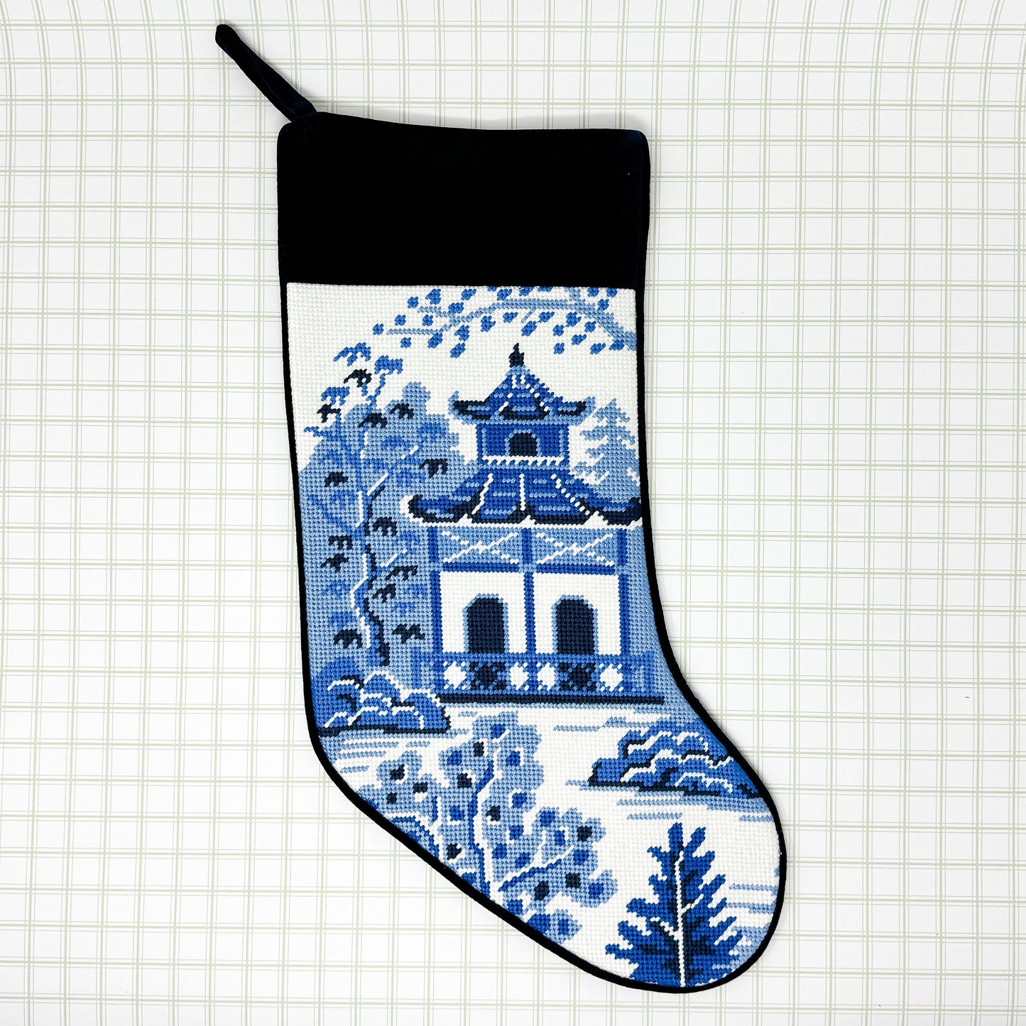 Blue Floral Chinoiserie Needlepoint Stocking