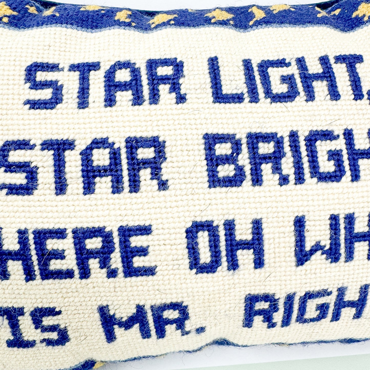 Star Light Star Bright, Where Oh Where Is Mr. Right Cheeky Vintage Needlepoint Pillow