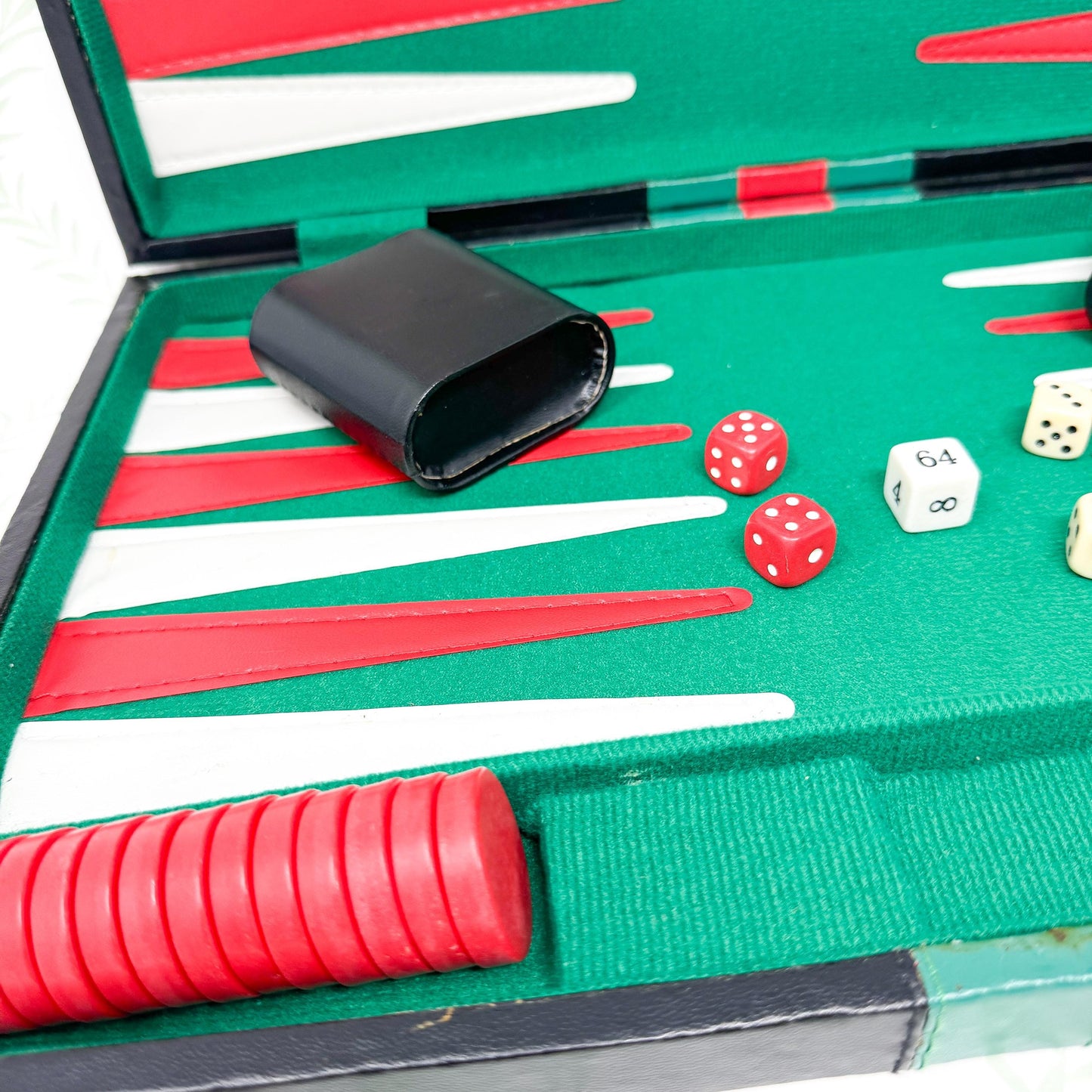 Vintage Backgammon Set, *NIB* Black Leather Case with Red and Green Stripe