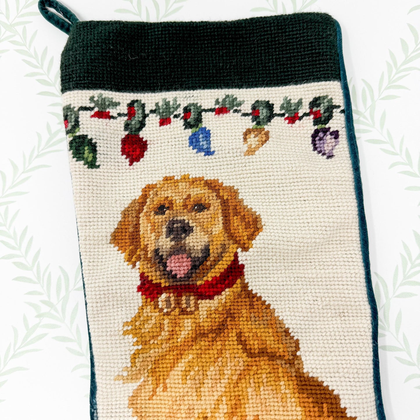 Vintage Needlepoint Dog Christmas Stocking, Golden Retriever