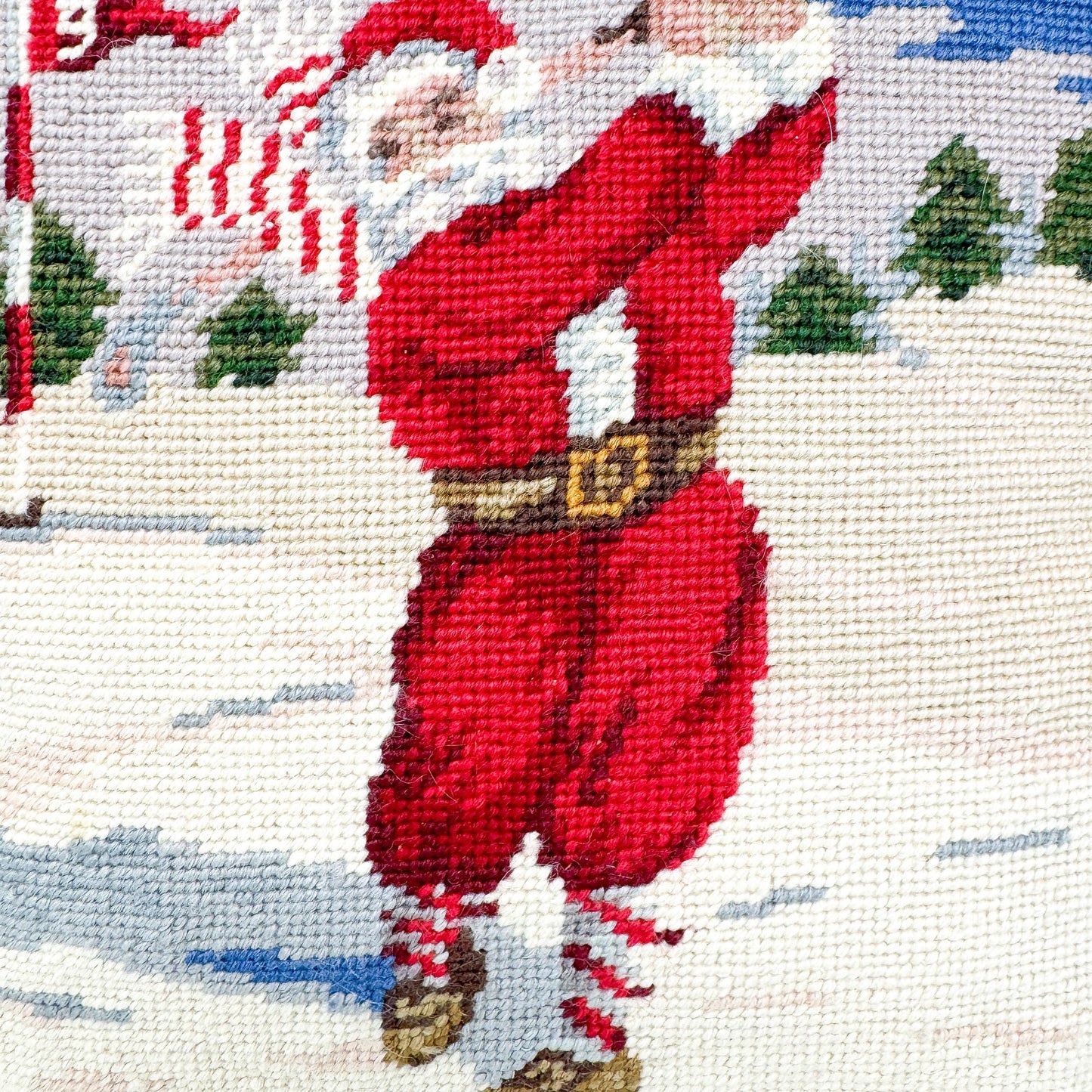 Vintage Needlepoint Santa Golf Christmas Pillow, 14"