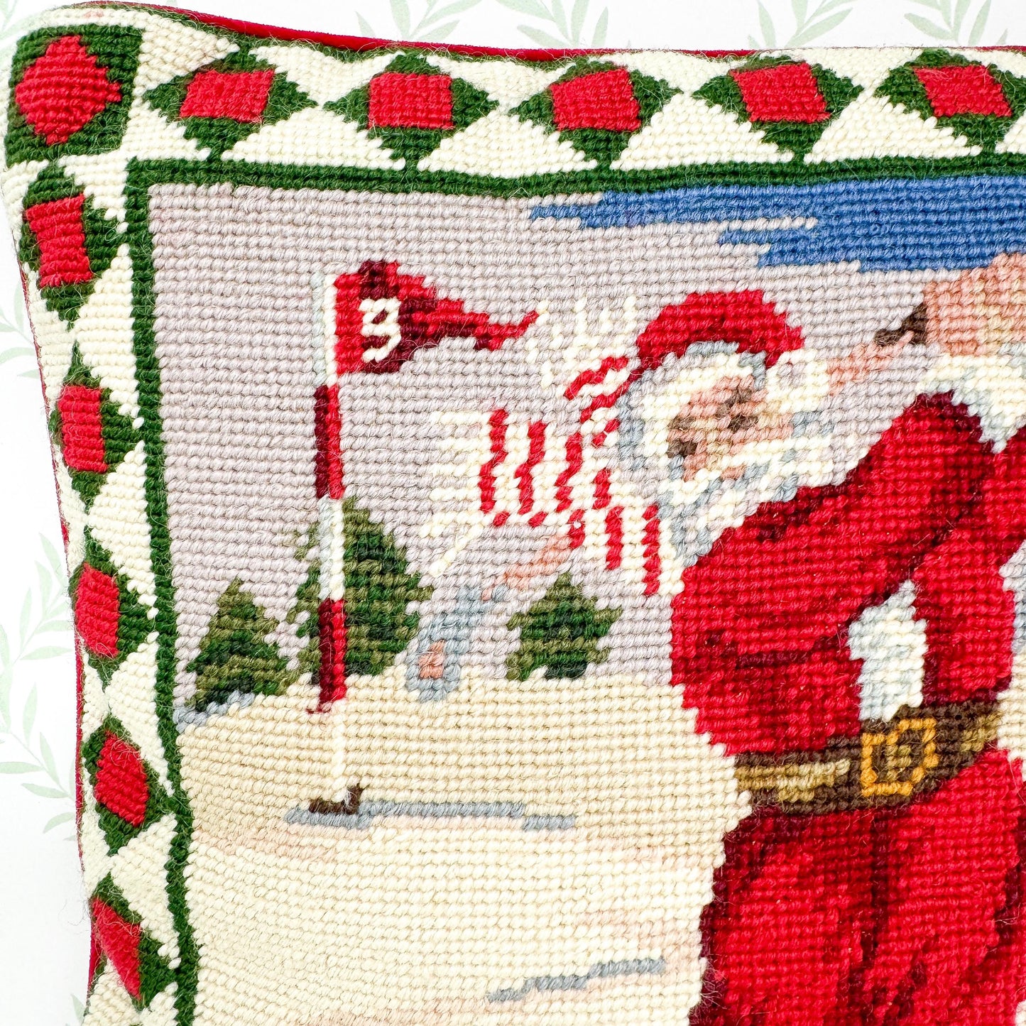 Vintage Needlepoint Santa Golf Christmas Pillow, 14"