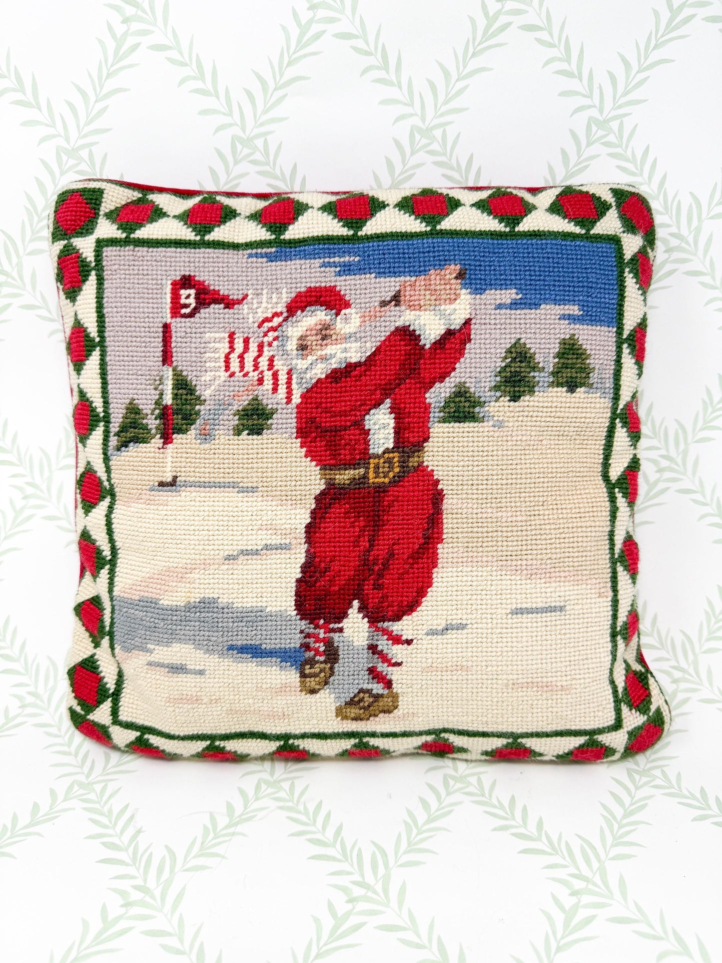 Vintage Needlepoint Santa Golf Christmas Pillow, 14"