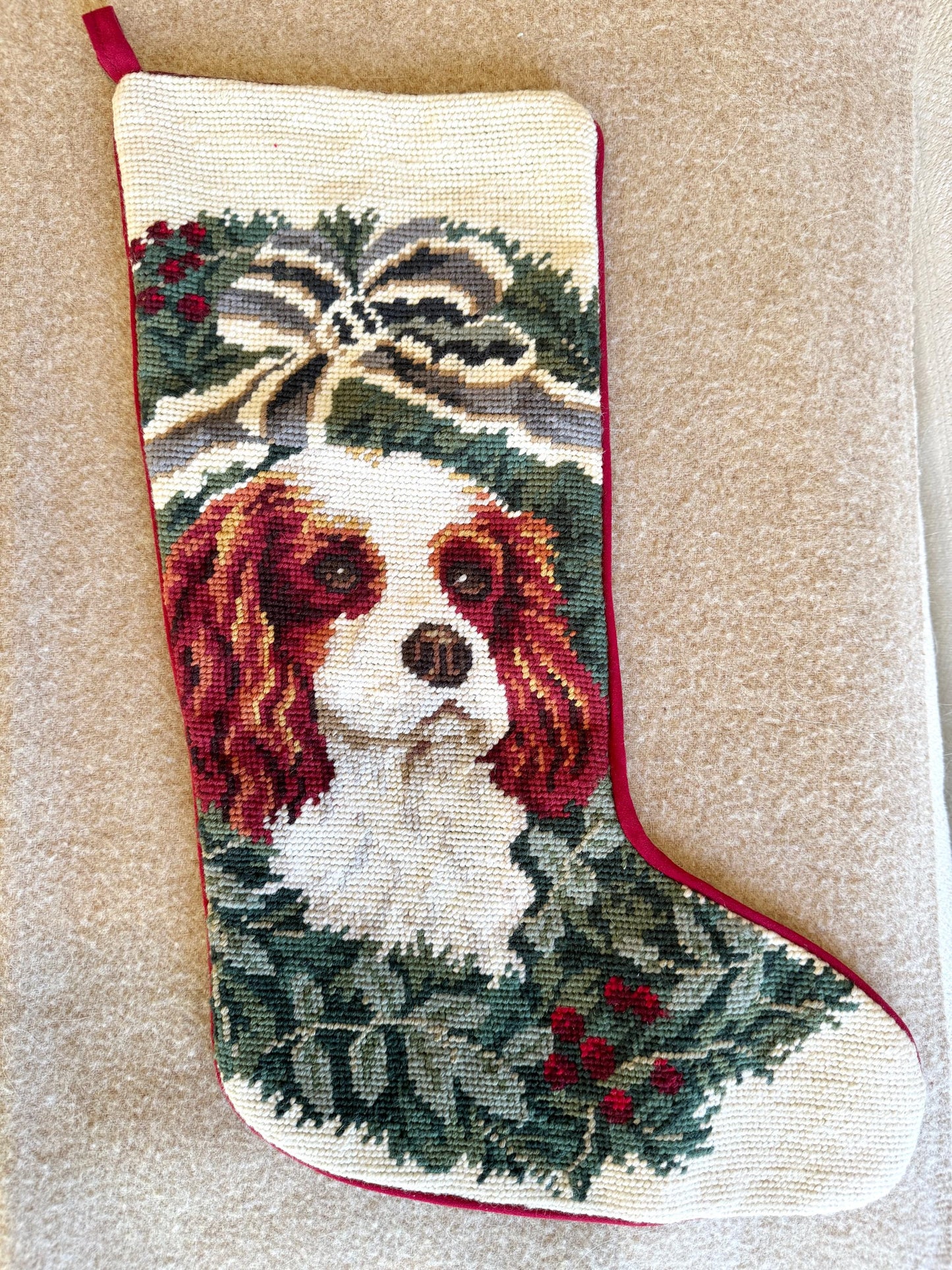 King Charles Cavalier Spaniel Vintage Needlepoint Christmas Stocking, Wreath and Bow