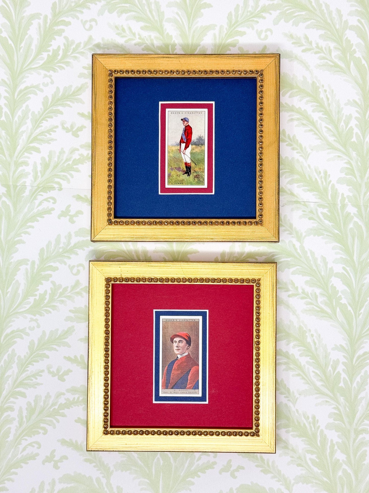 Pair of Framed Antique Jockey Horse Cigarette Card c. 1920s, Red and Blue