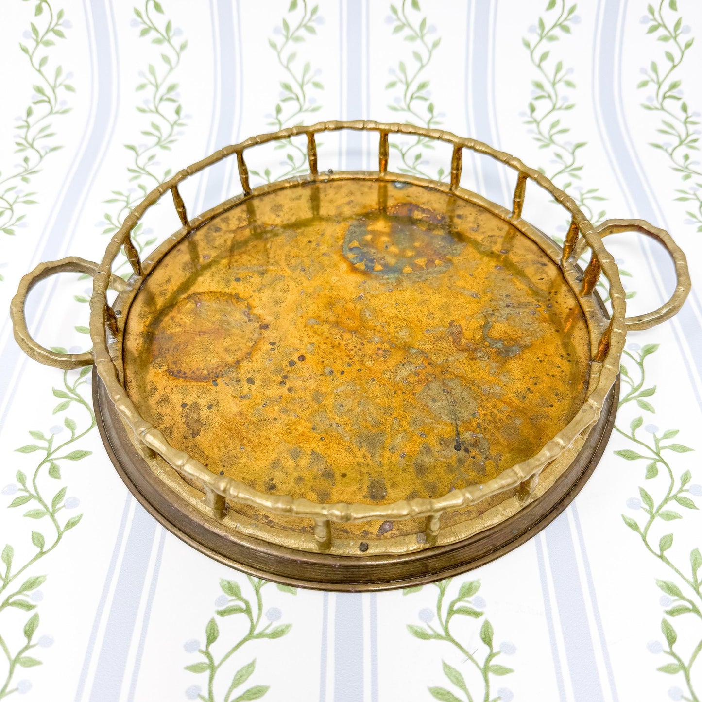 Vintage Brass Bamboo Tray, Circle, 8"