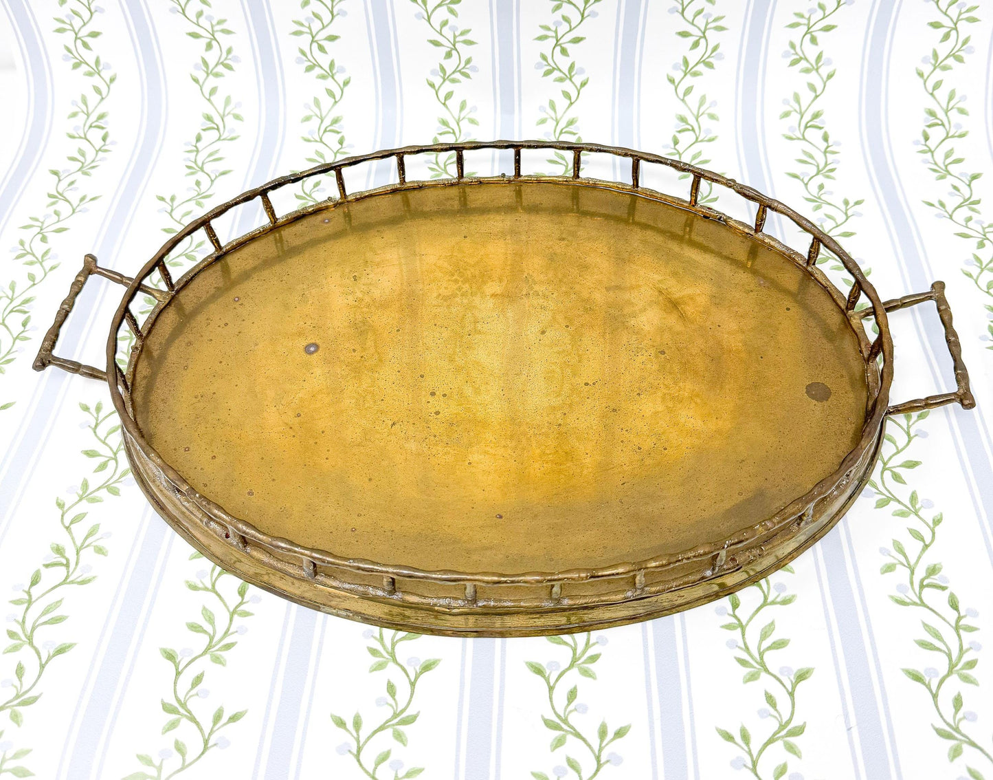 Vintage Brass Bamboo Tray, Oval, 14"