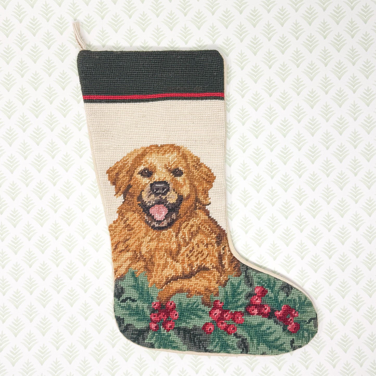 Vintage Needlepoint Dog Christmas Stocking, Golden Retriever