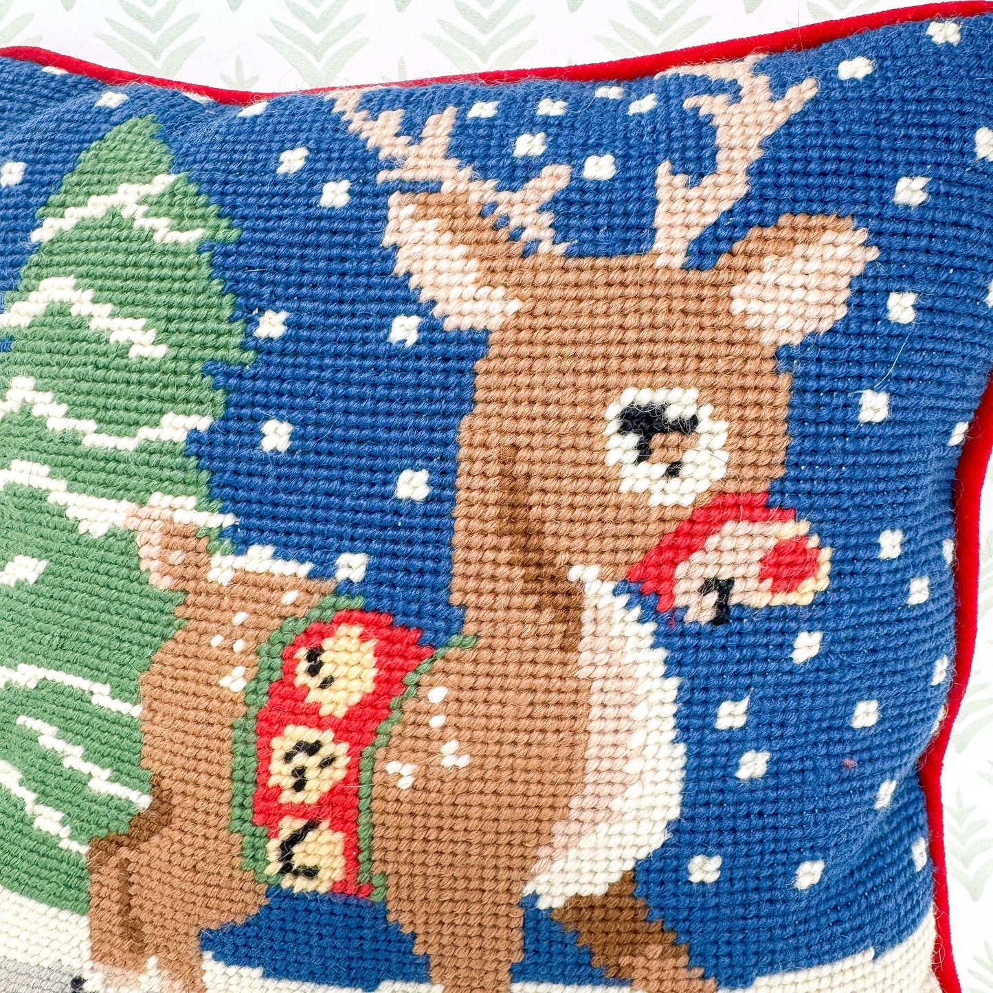 Vintage Christmas Needlepoint Pillow, Rudolph The Reindeer