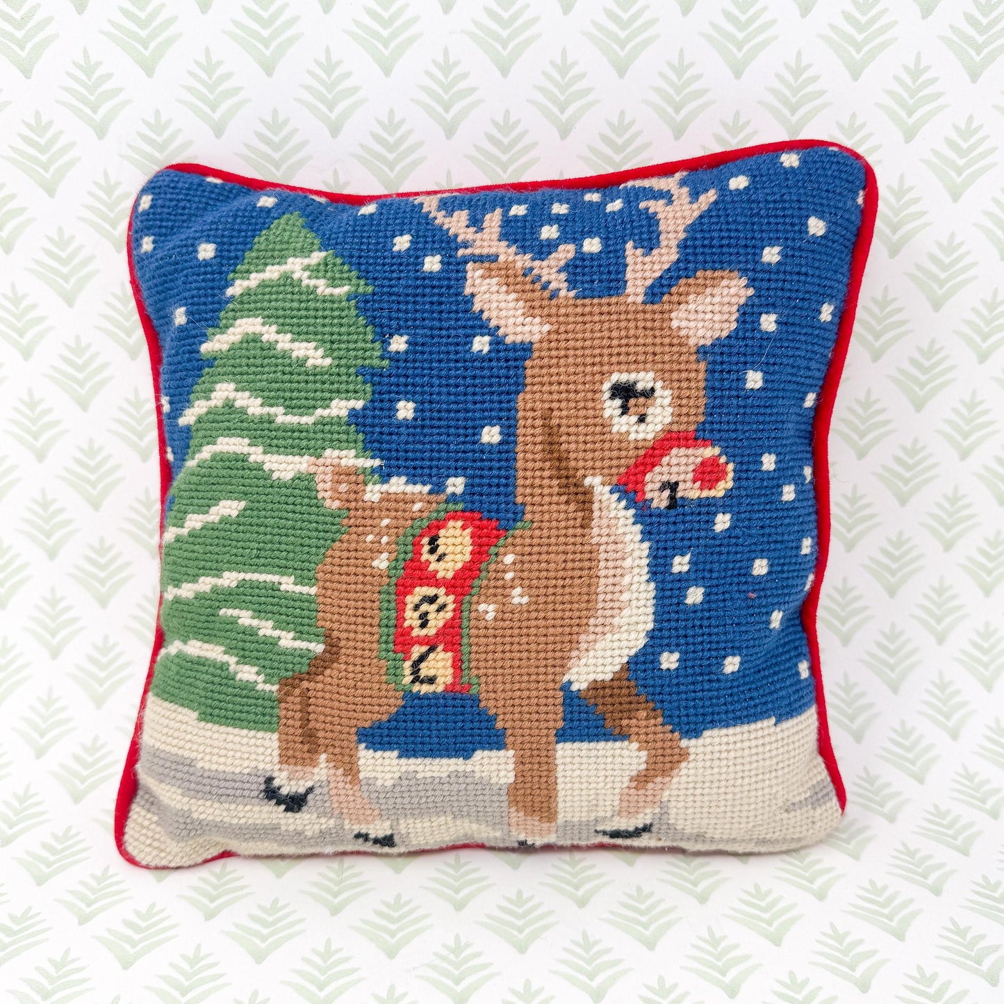 Vintage Christmas Needlepoint Pillow, Rudolph The Reindeer
