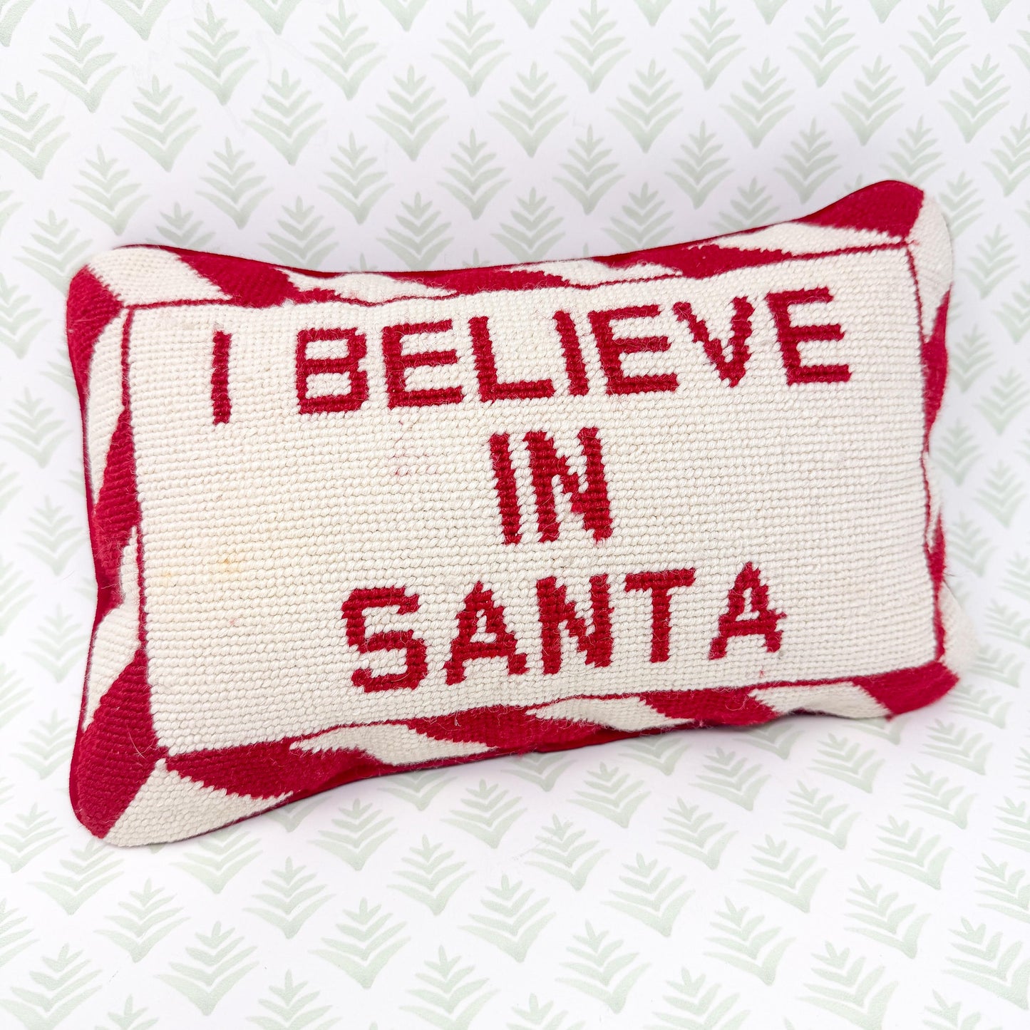Vintage Christmas Needlepoint Pillow, I Believe In Santa