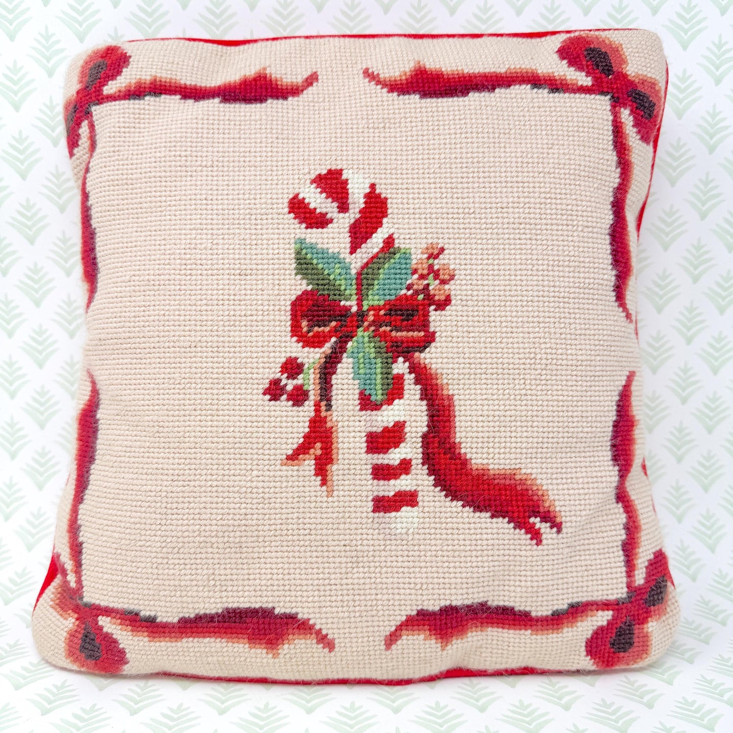 Vintage Christmas Needlepoint Pillow, Candy Cane