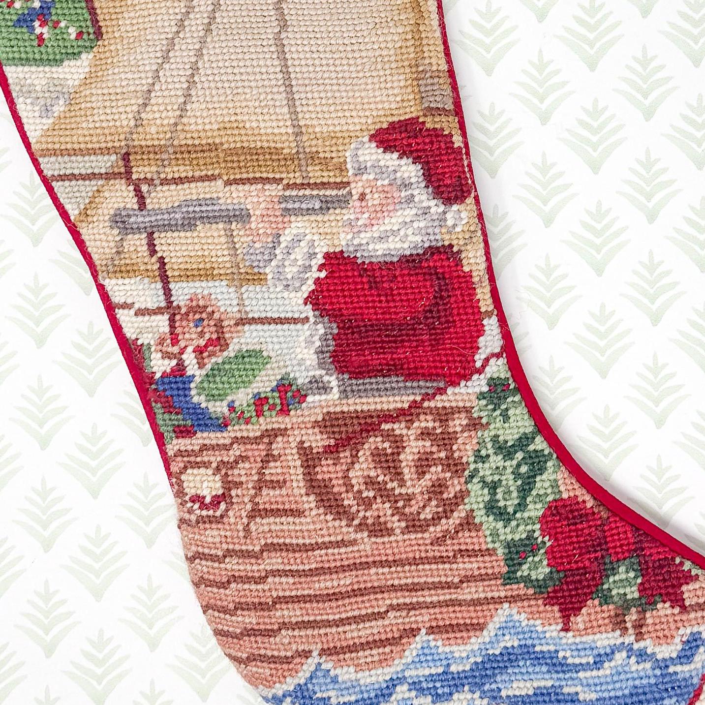 Vintage Christmas Needlepoint Stocking, Santa Sailing