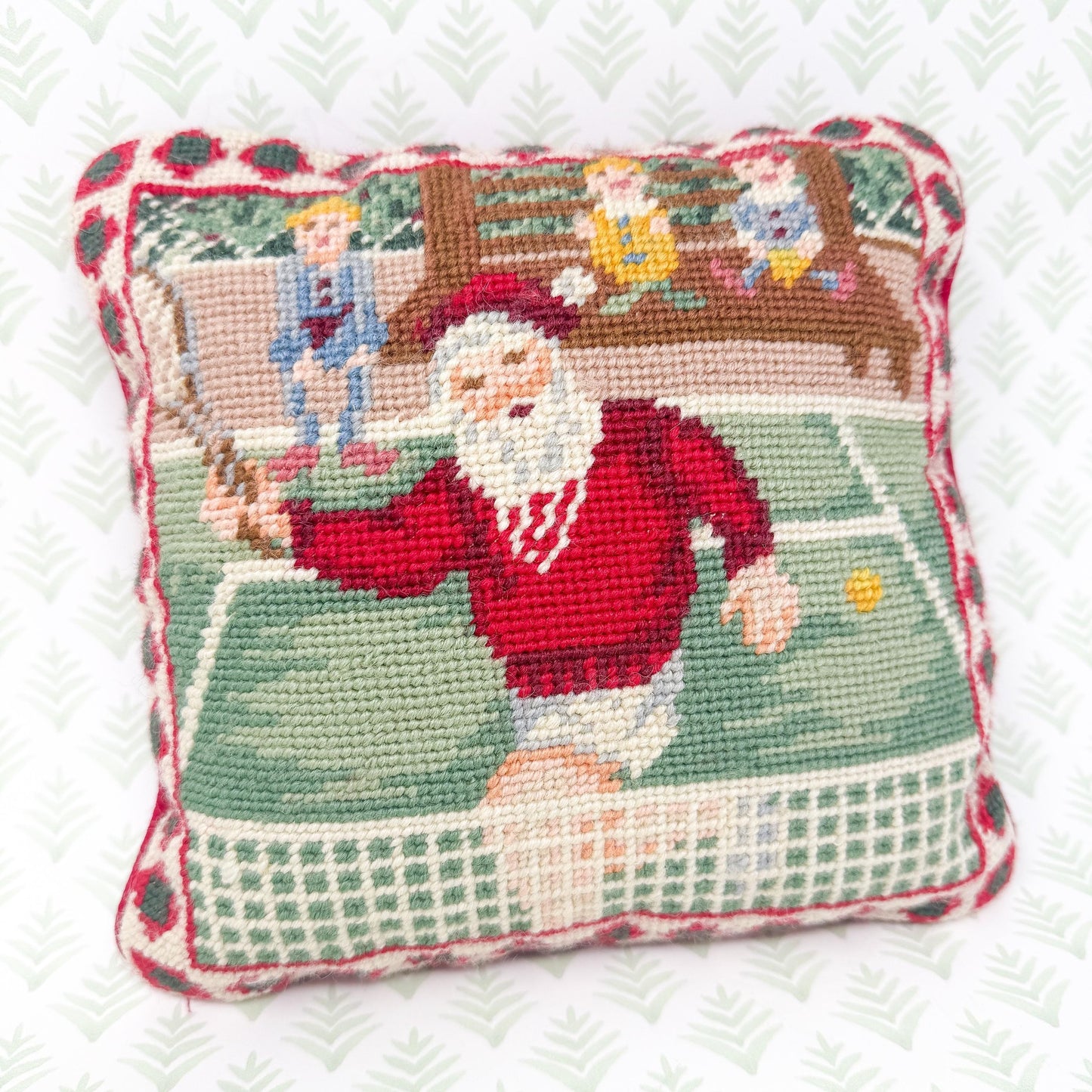 Vintage Needlepoint Christmas Pillow, Tennis Santa