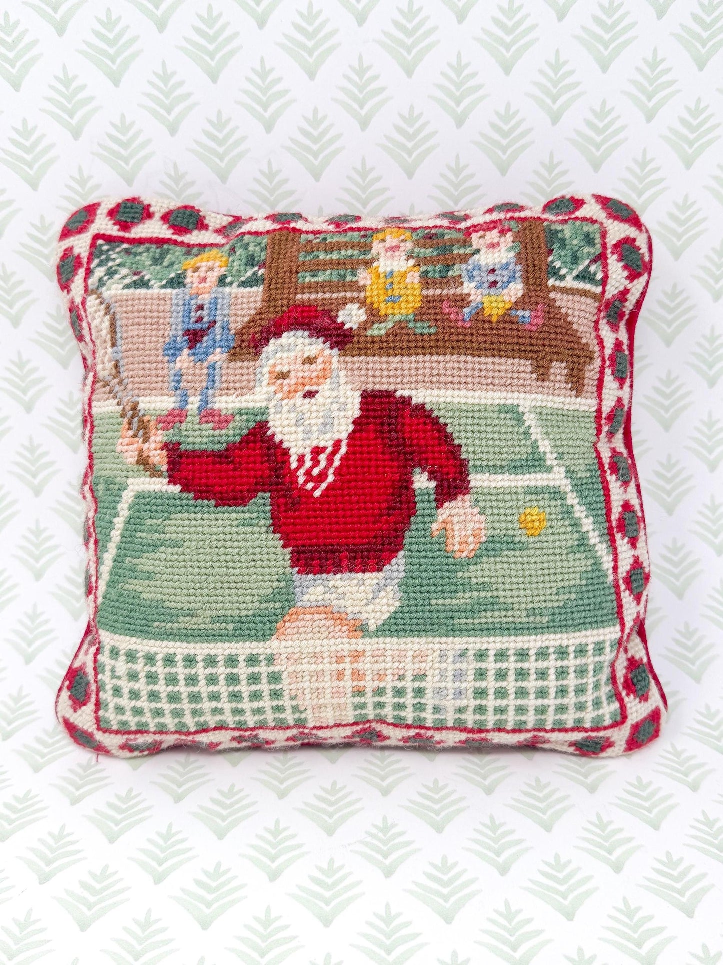 Vintage Needlepoint Christmas Pillow, Tennis Santa