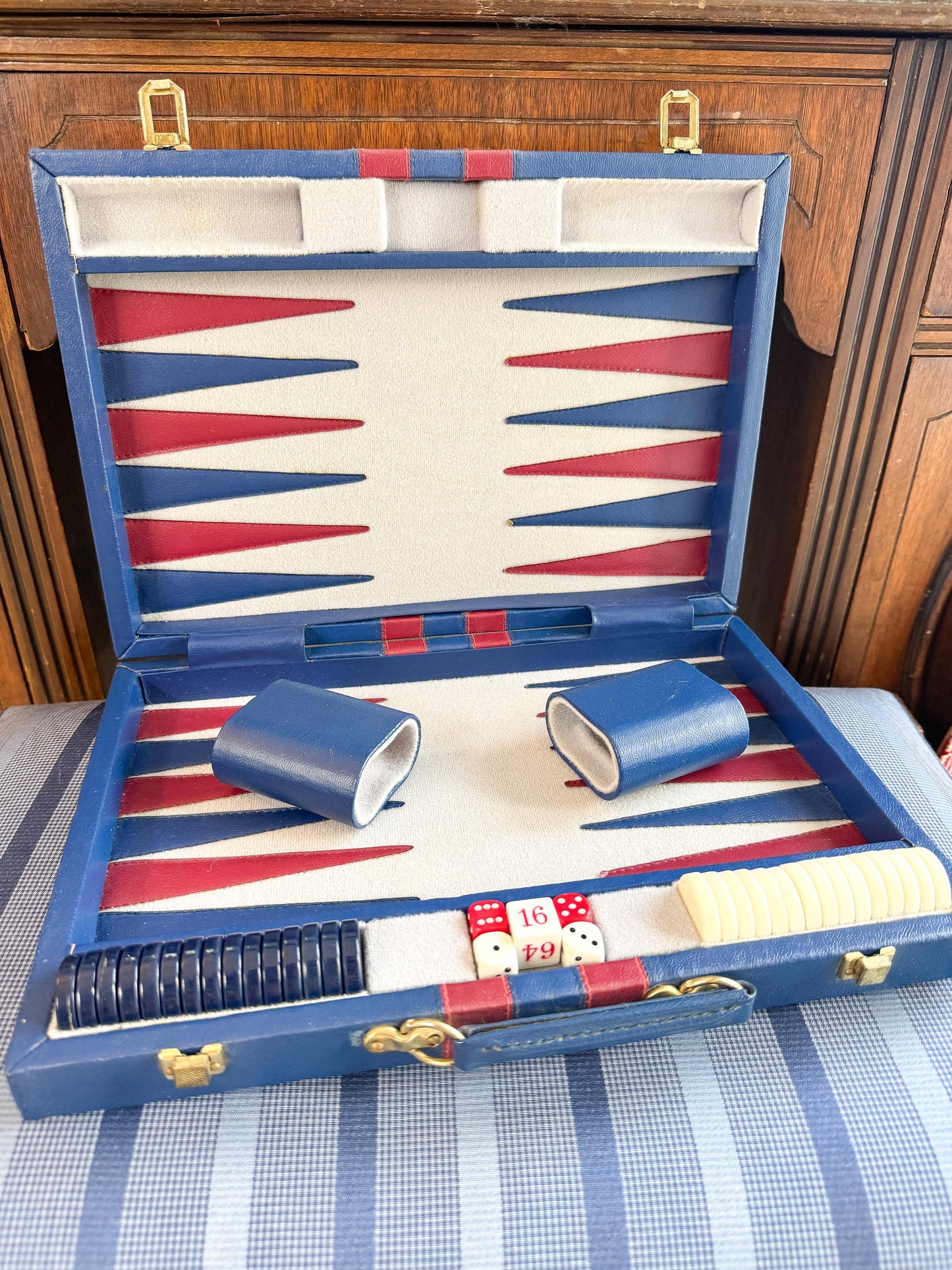 Vintage Backgammon Set, Blue and Red
