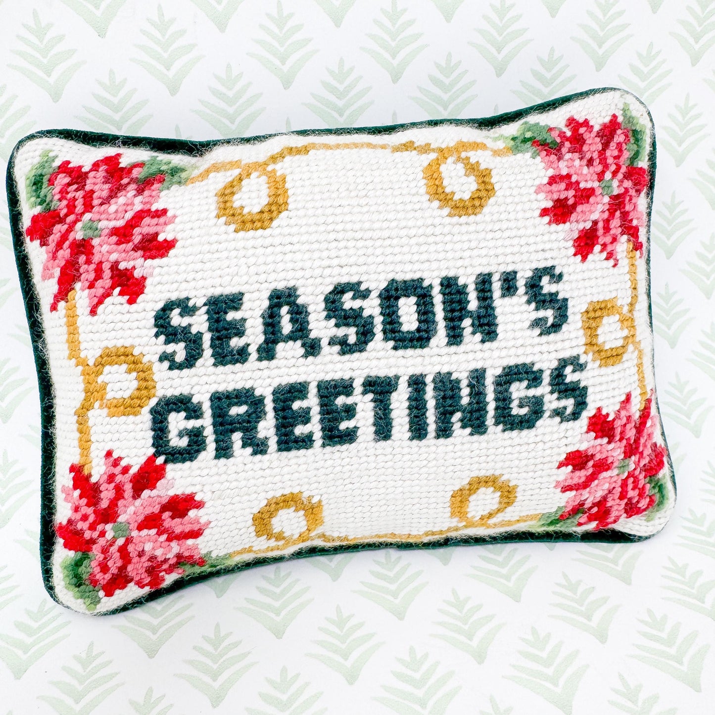 Vintage Christmas Needlepoint Pillow, Season's Greetings