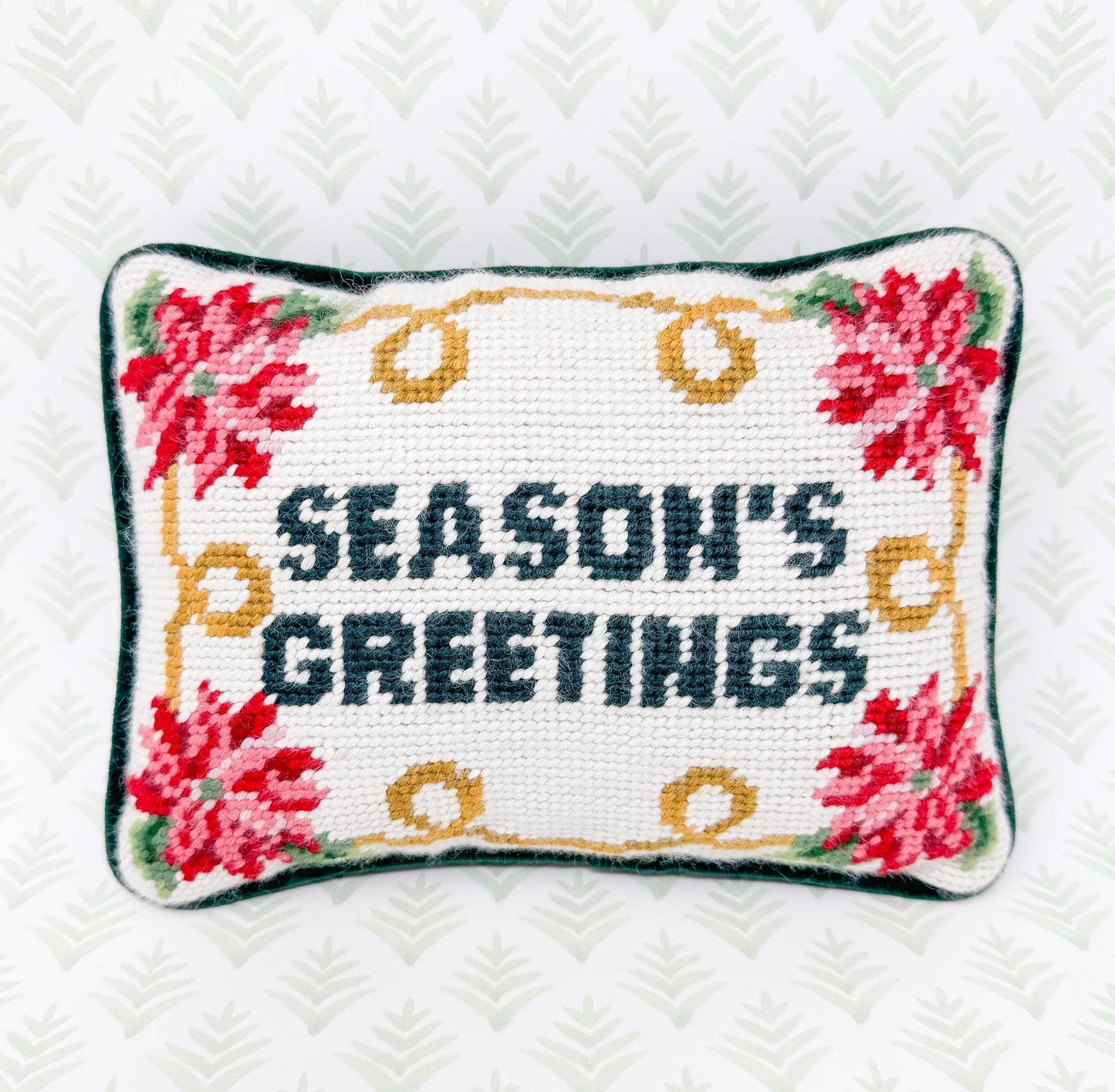 Vintage Christmas Needlepoint Pillow, Season's Greetings