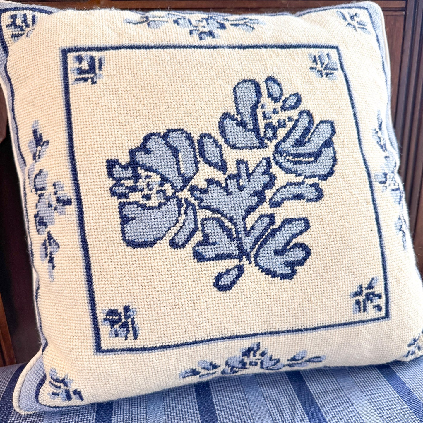 Vintage Hand Stitched Blue and White Needlepoint Pillow, 13"