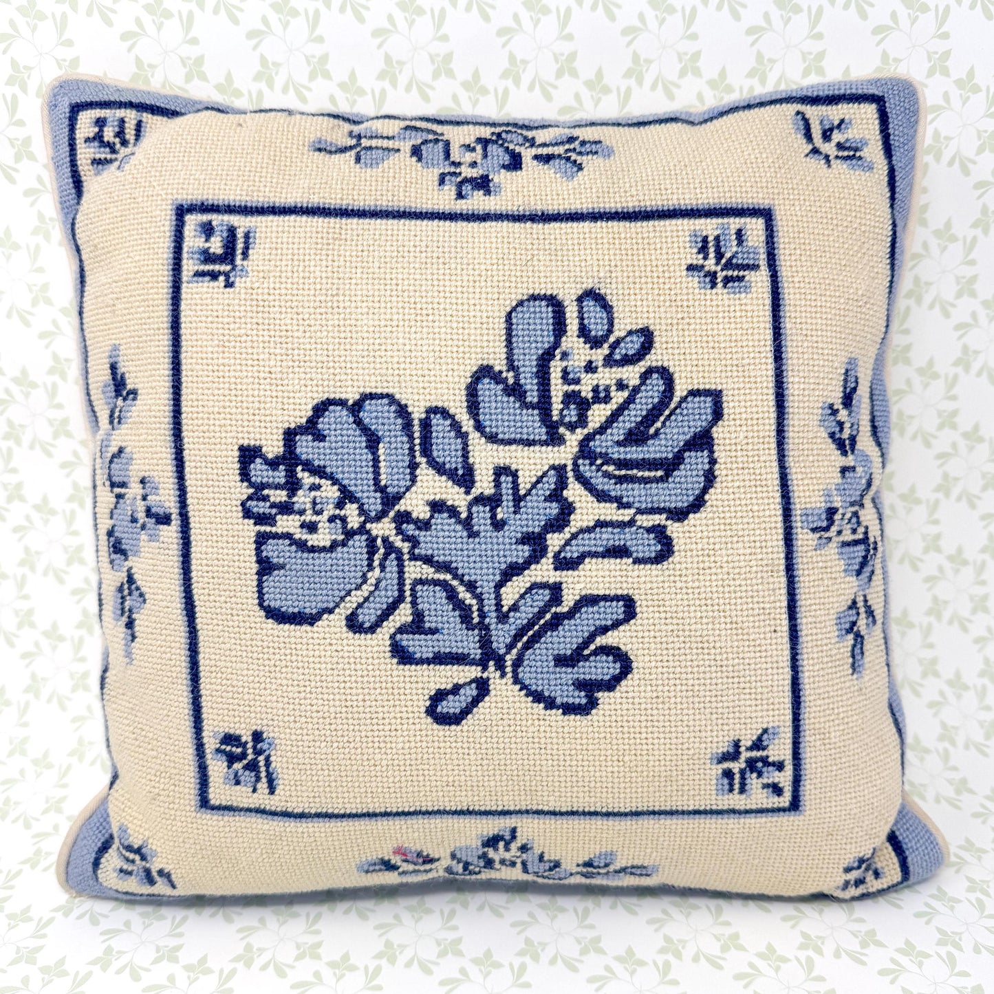 Vintage Hand Stitched Blue and White Needlepoint Pillow, 13"