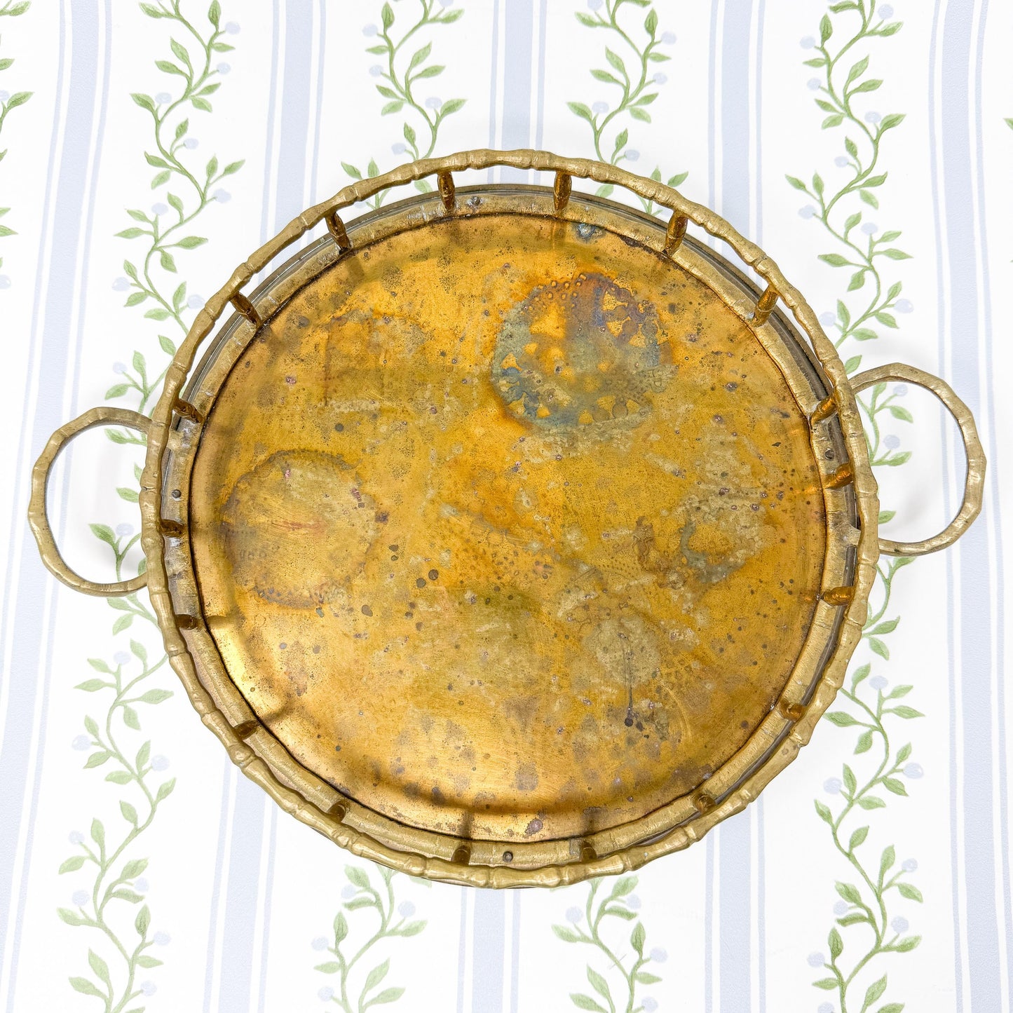 Vintage Brass Bamboo Tray, Circle, 8"