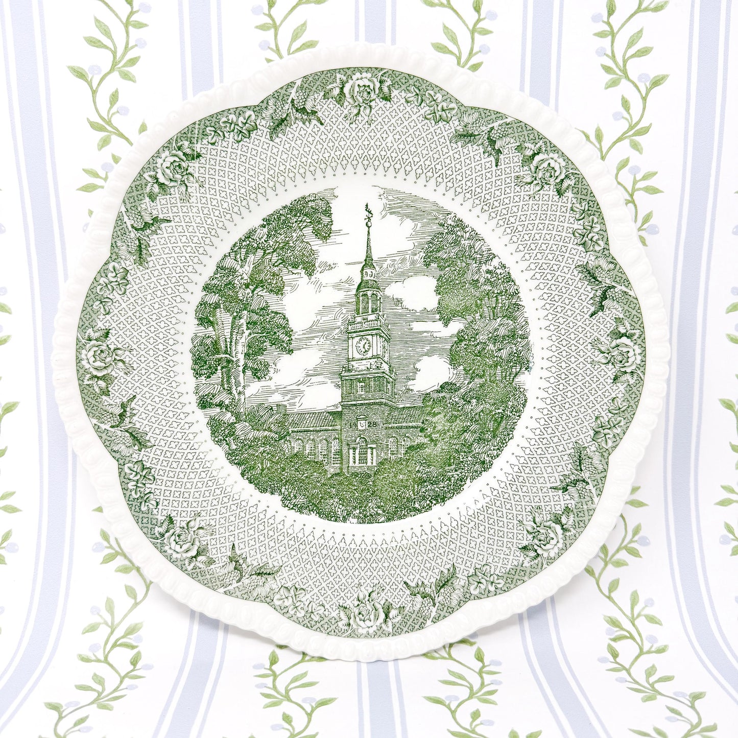 Vintage Dartmouth College Wedgwood Transferware Plate, Green, Baker Library Tower