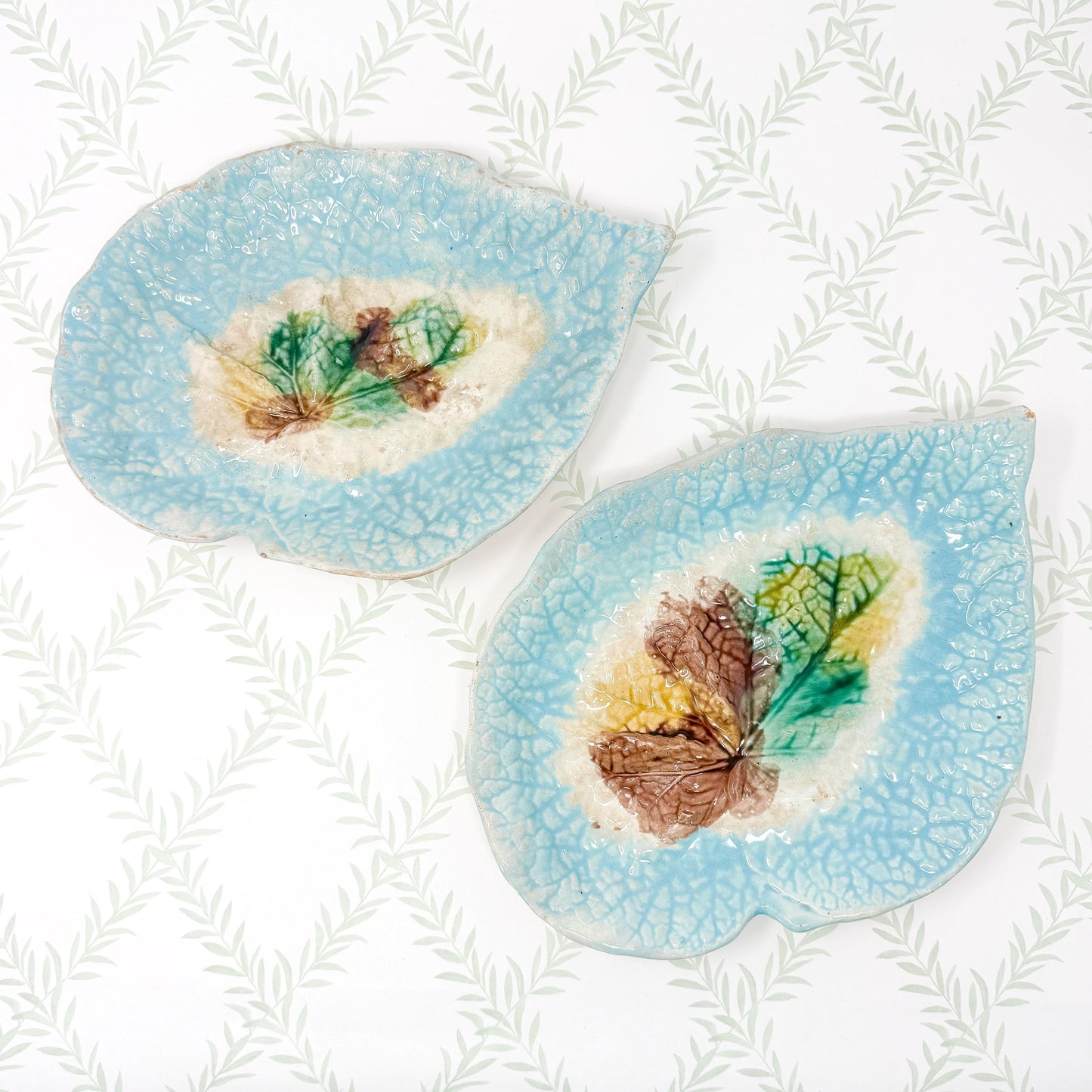 Antique French Majolica Leaf Plates, Teal and Brown