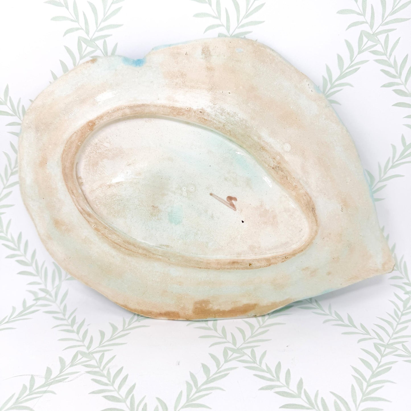 Antique French Majolica Leaf Plates, Teal and Brown