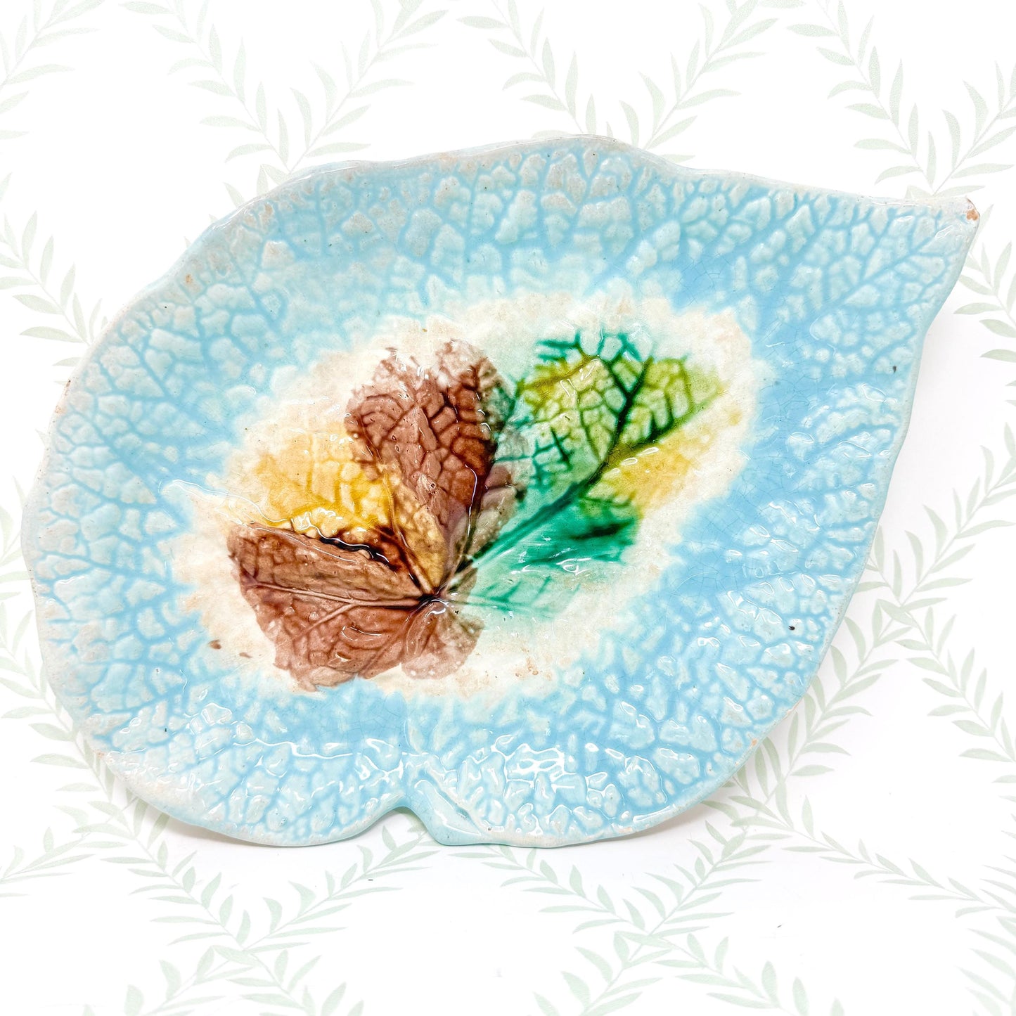 Antique French Majolica Leaf Plates, Teal and Brown