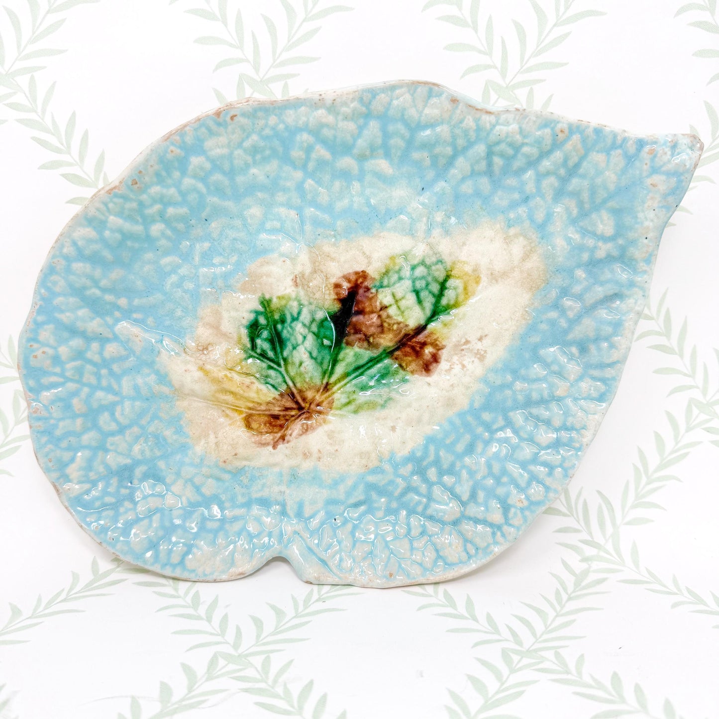 Antique French Majolica Leaf Plates, Teal and Brown