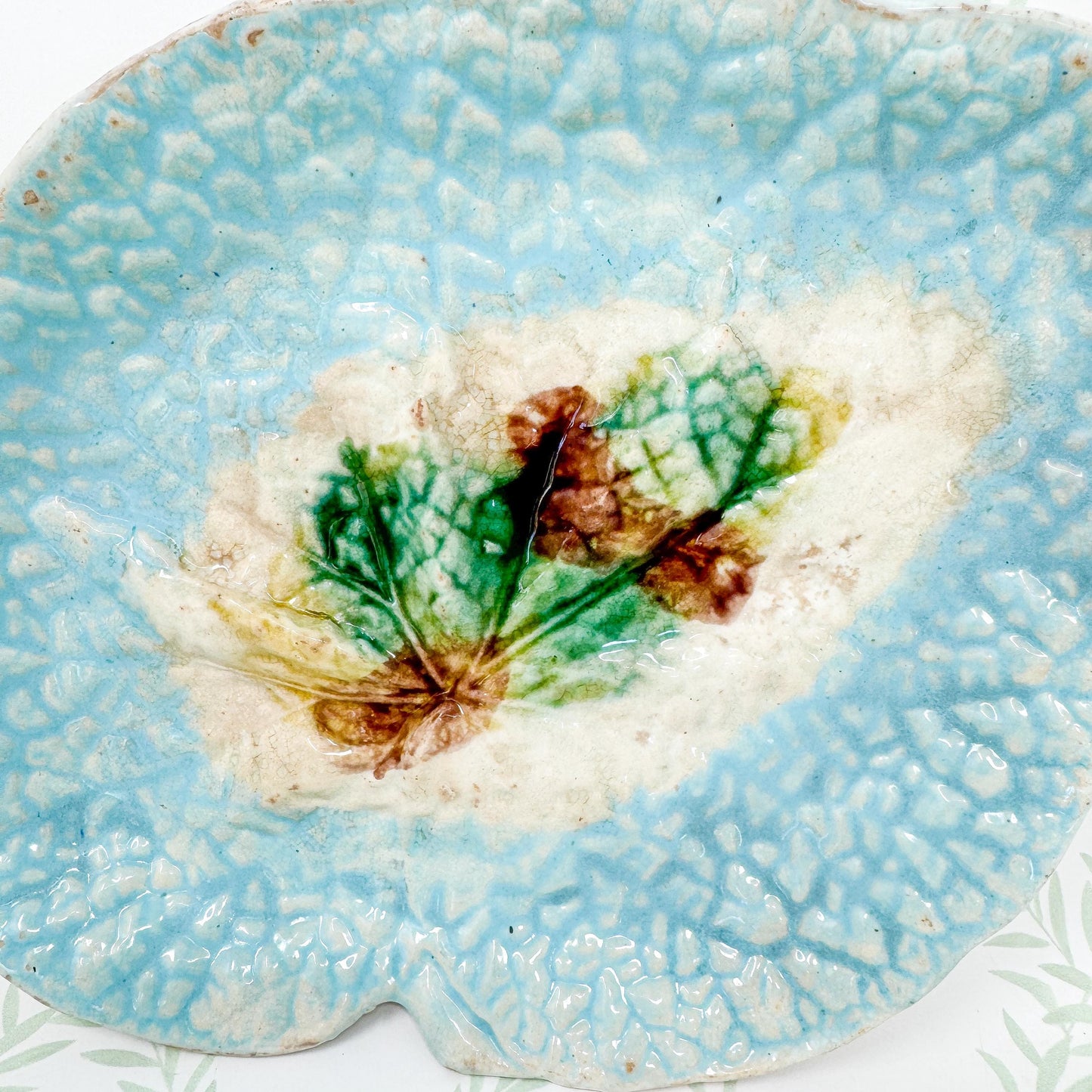 Antique French Majolica Leaf Plates, Teal and Brown