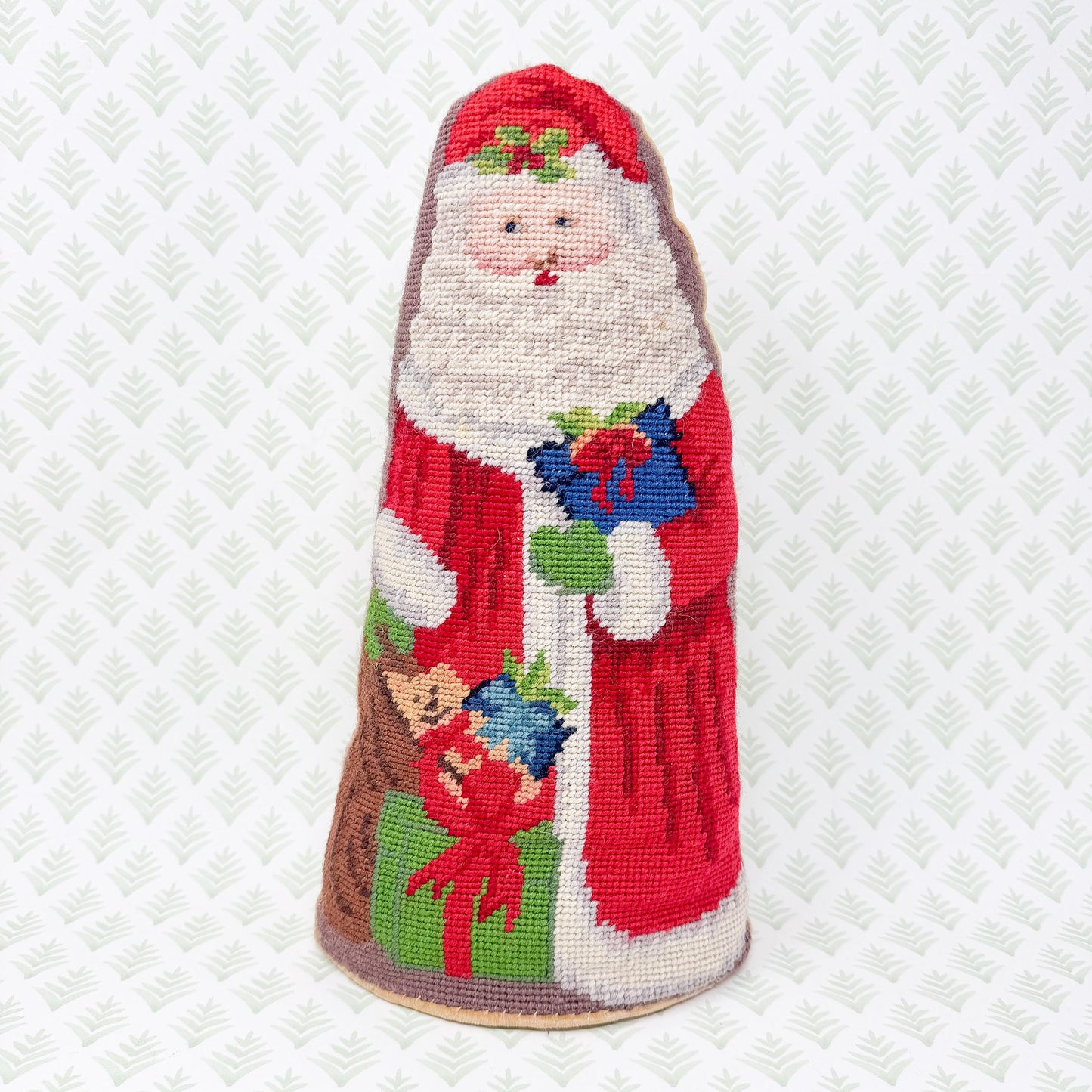 Vintage Christmas Needlepoint Pillow, Santa Claus Standing