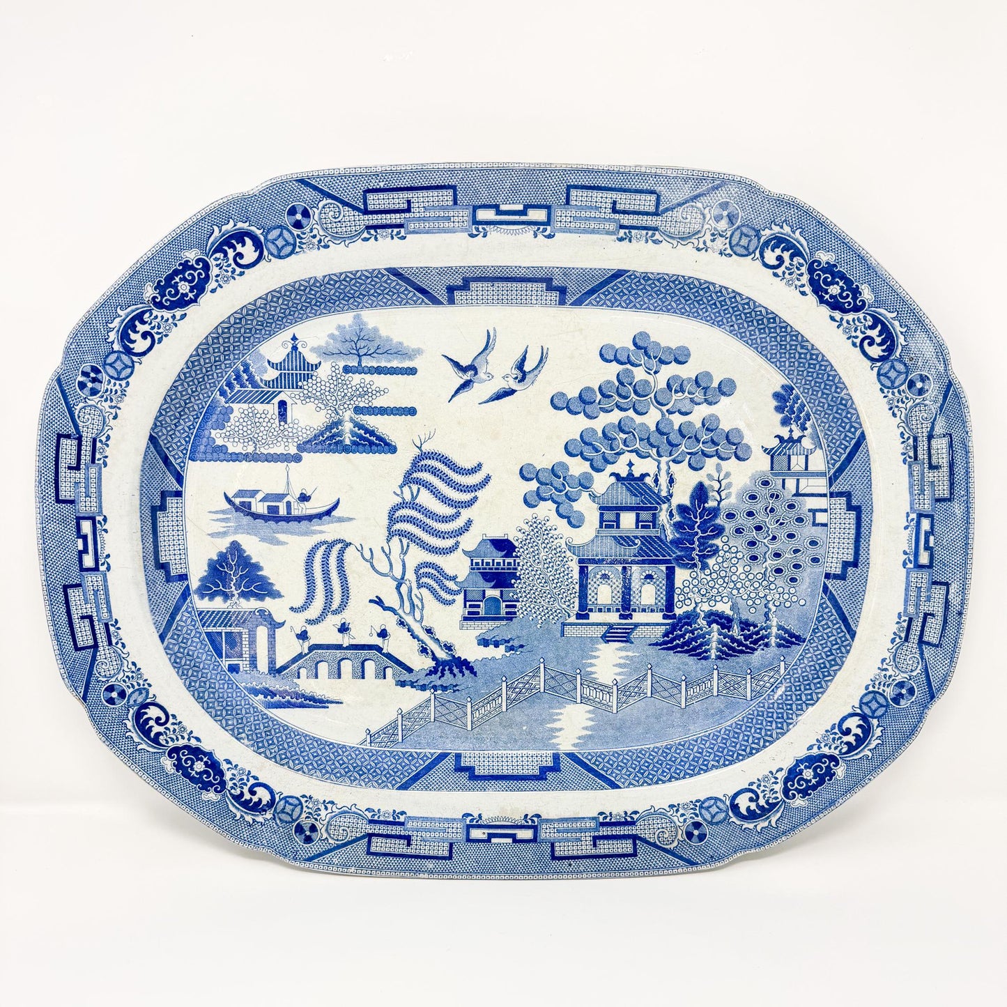 Antique Blue Willow Transferware Serving Platter, 21"