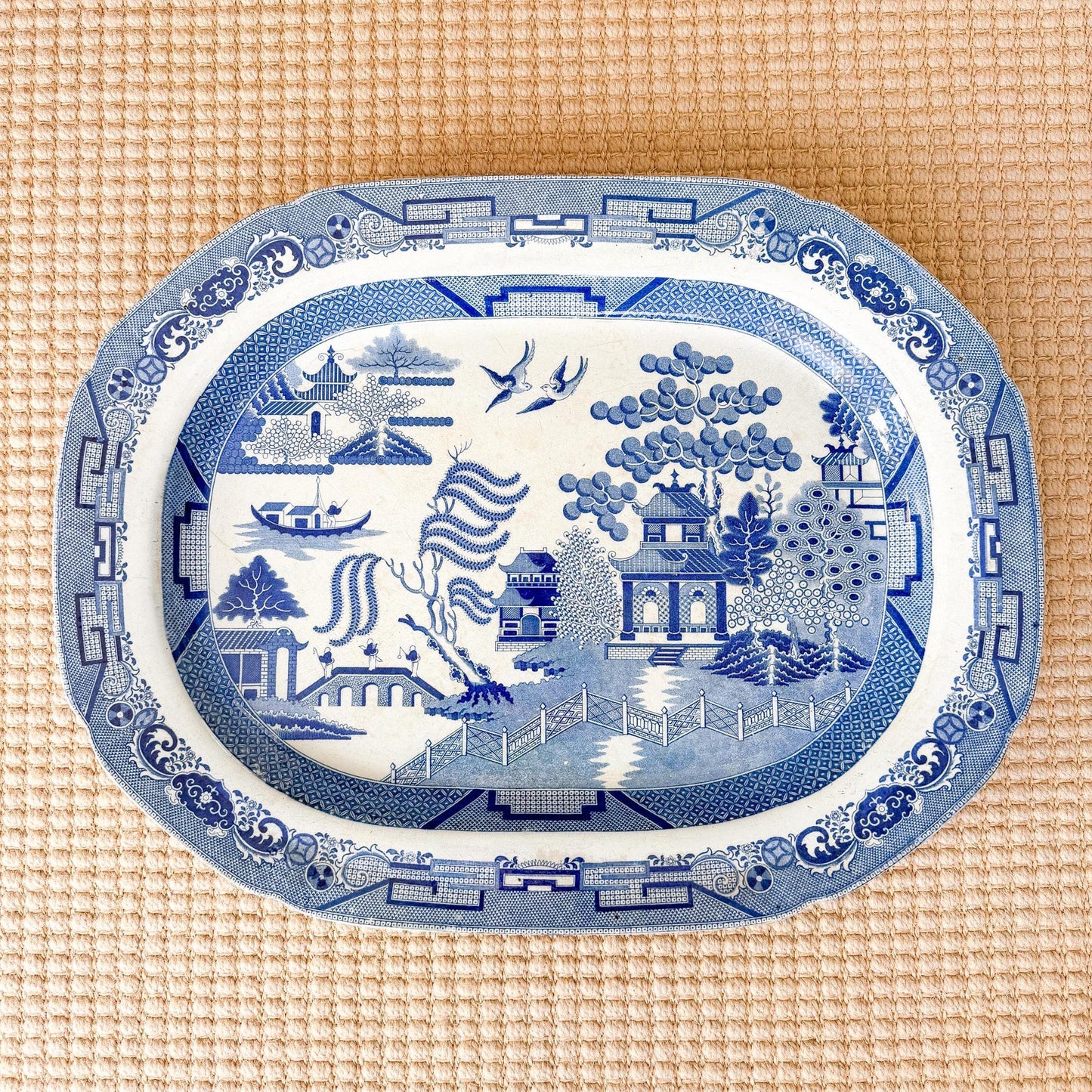 Antique Blue Willow Transferware Serving Platter, 21"