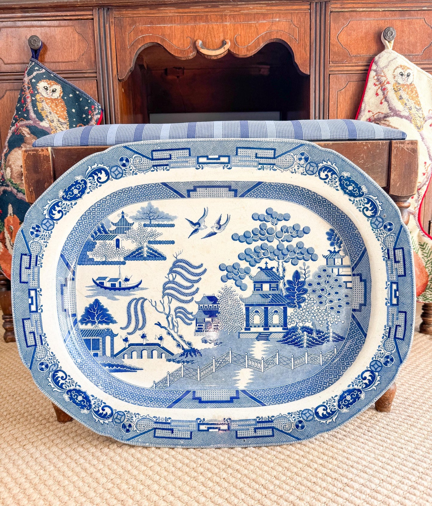Antique Blue Willow Transferware Serving Platter, 21"
