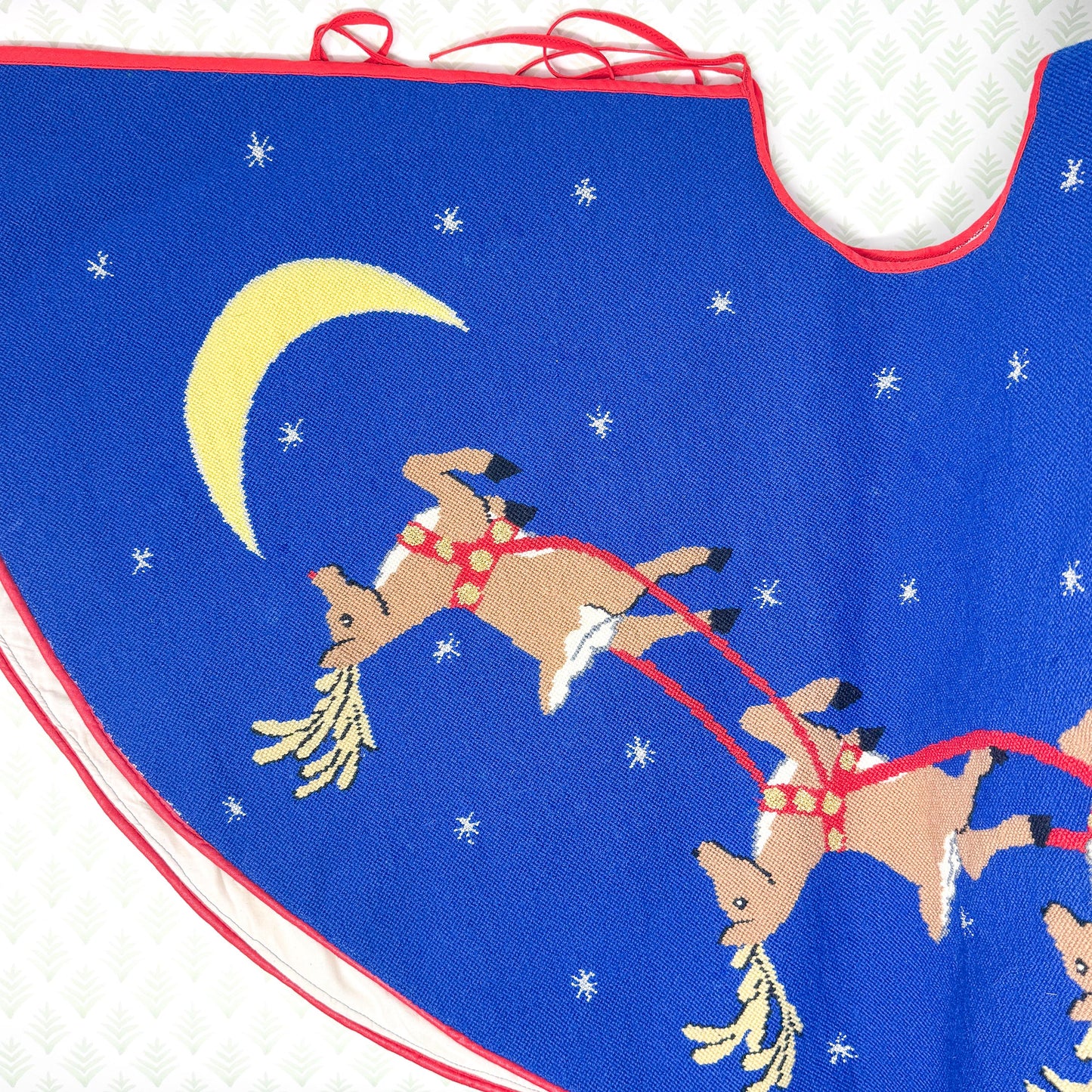 Vintage Hand Stitched Needlepoint Christmas Tree Skirt, Santa and Reindeer