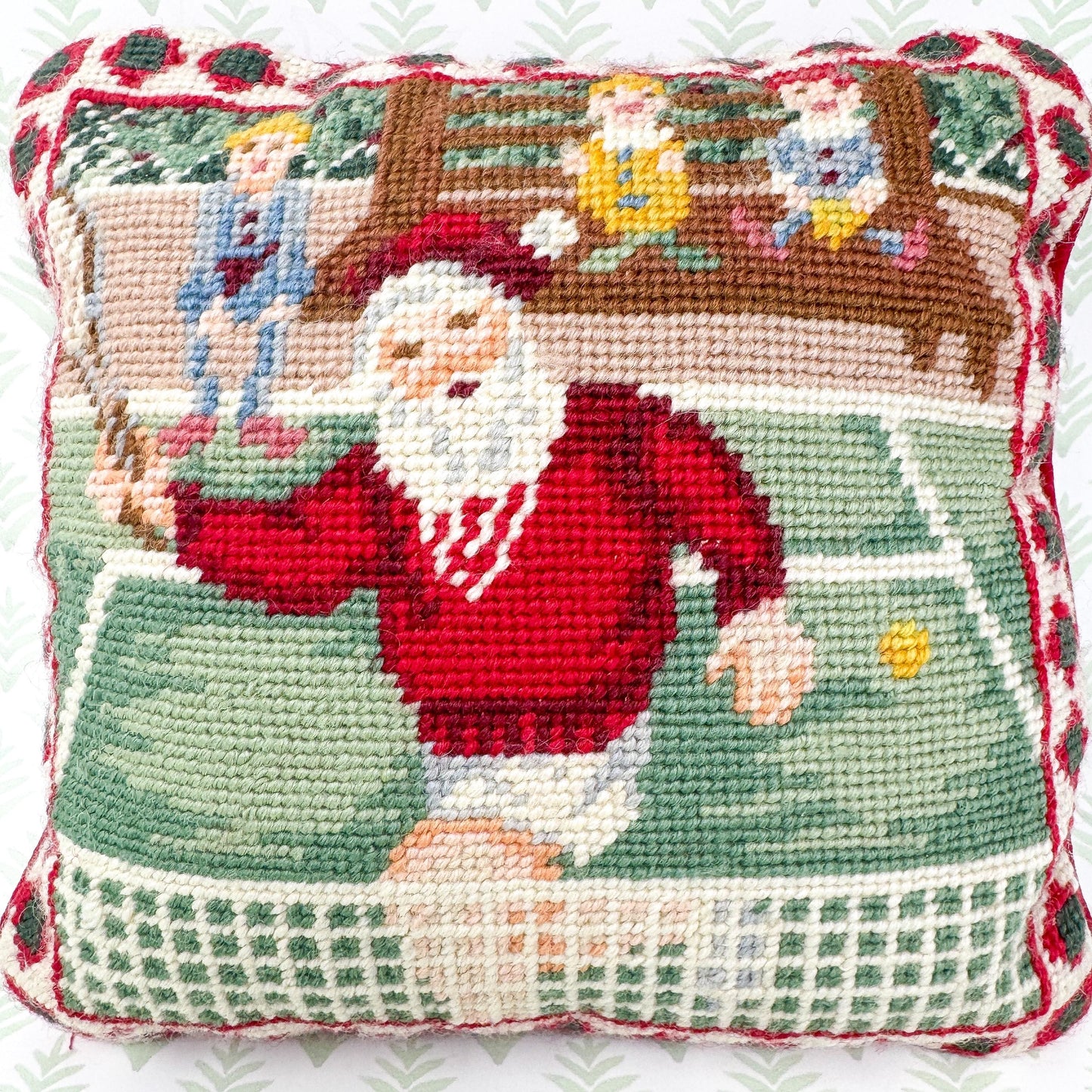 Vintage Needlepoint Christmas Pillow, Tennis Santa